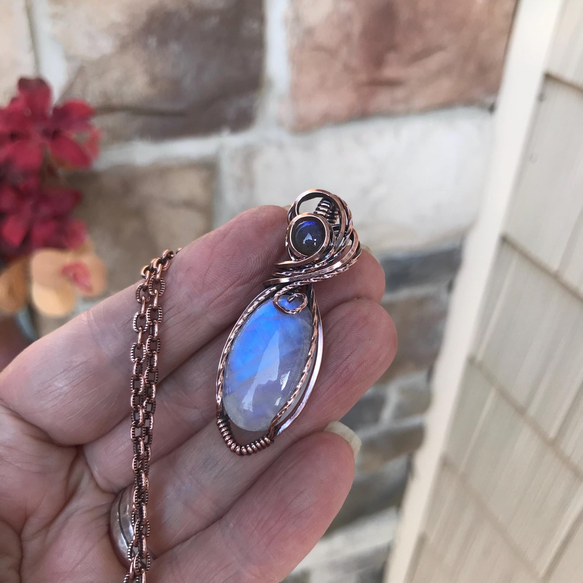 Rainbow Moonstone & Labradorite Copper Pendant