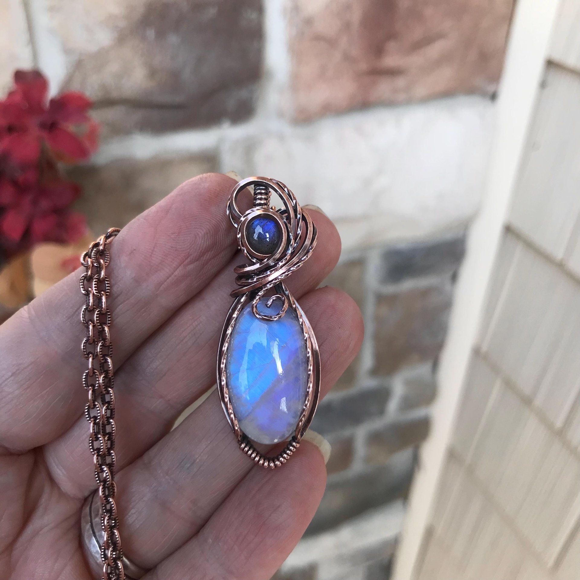 Rainbow Moonstone & Labradorite Copper Pendant