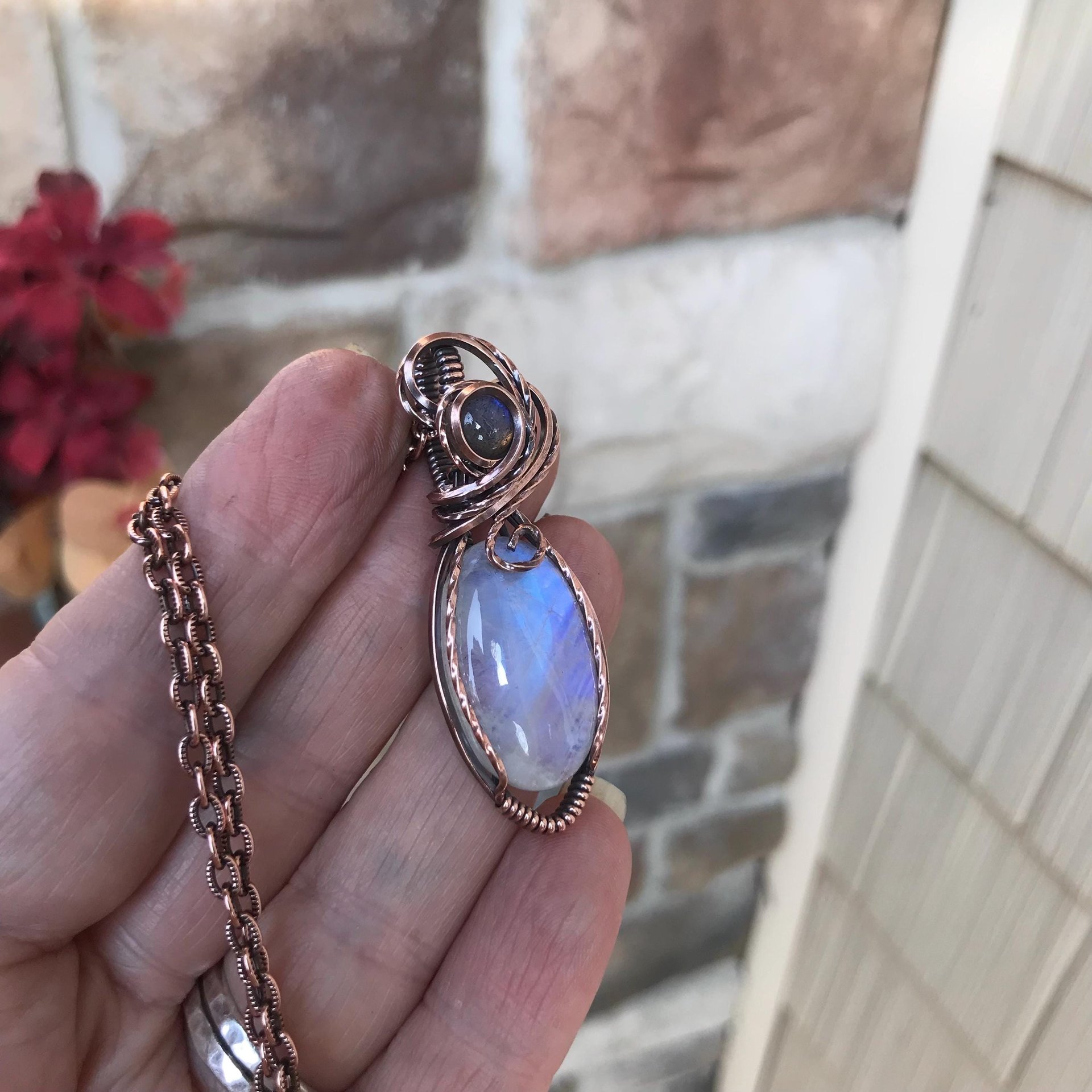 Rainbow Moonstone & Labradorite Copper Pendant