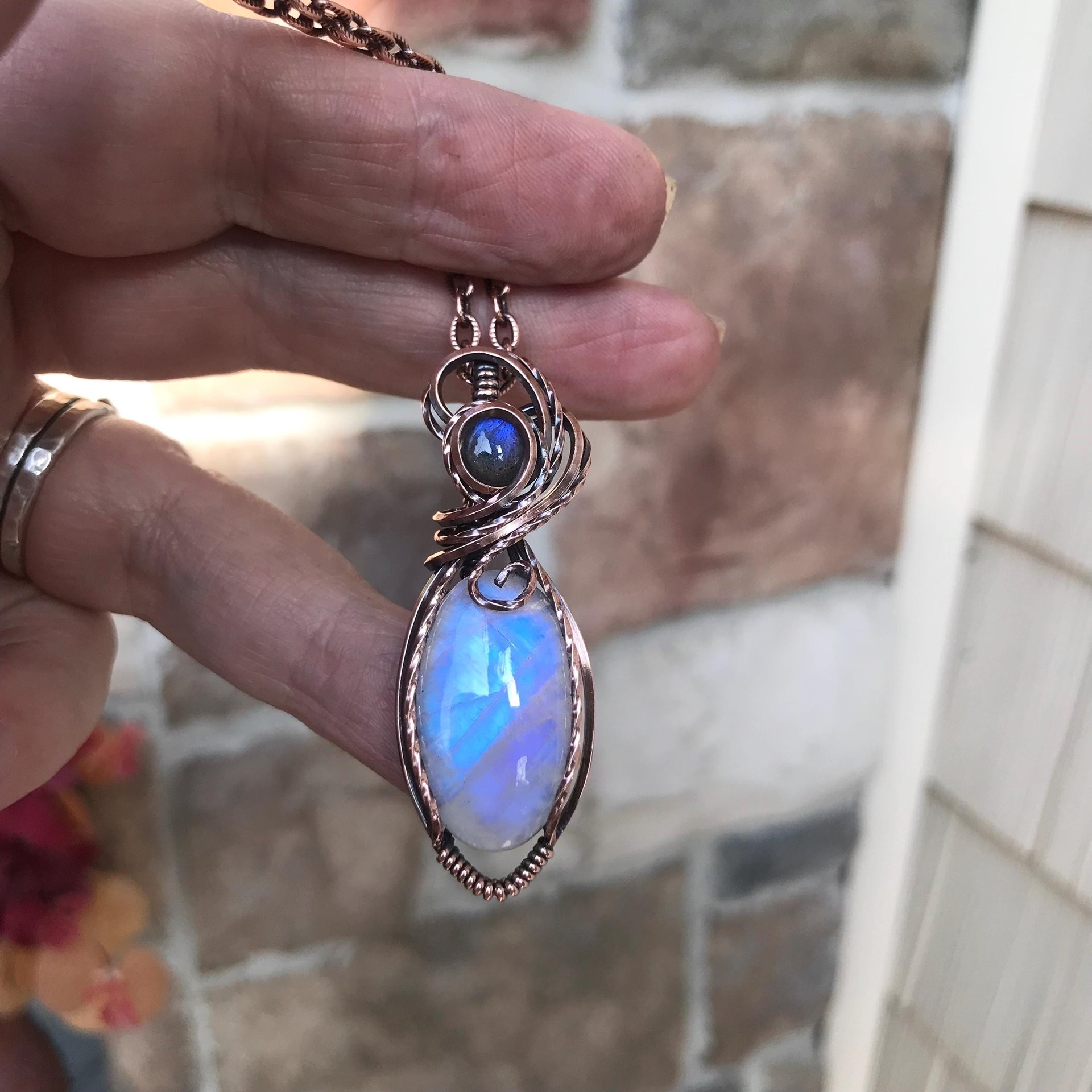 Rainbow Moonstone & Labradorite Copper Pendant