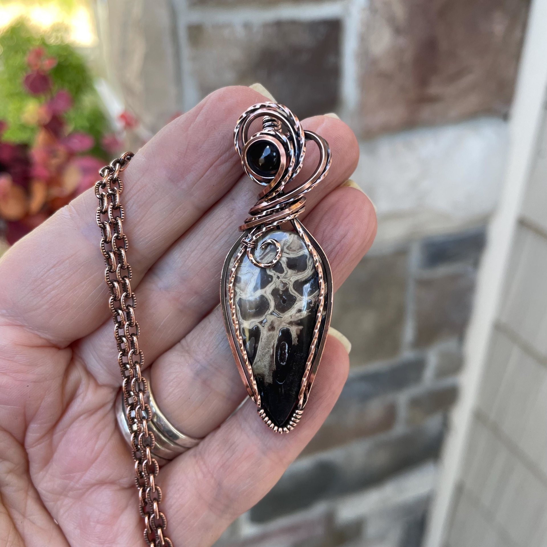 Petrified Palm Wood & Smoky Quartz Copper Pendant