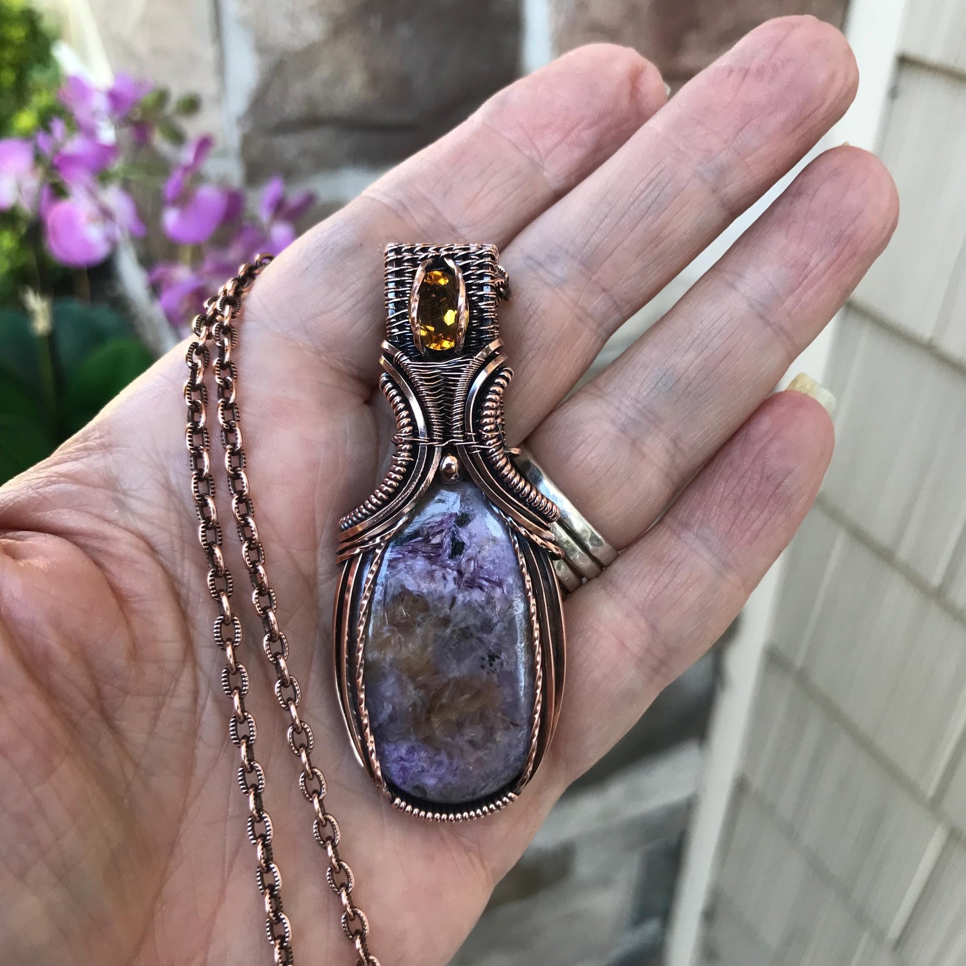 Charoite & Citrine Oval Copper Pendant