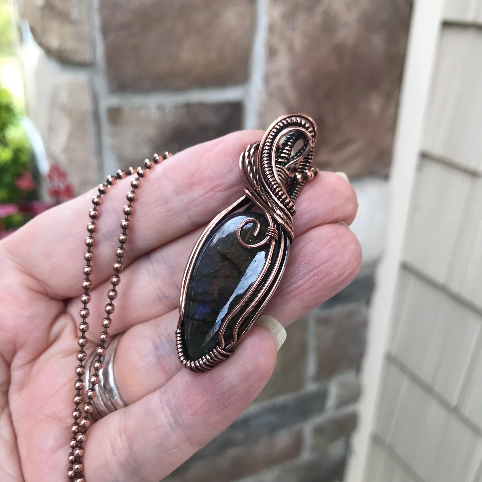 Purple rainbow labradorite wire wrapped copper necklace, Semiprecious spectrolite pendant