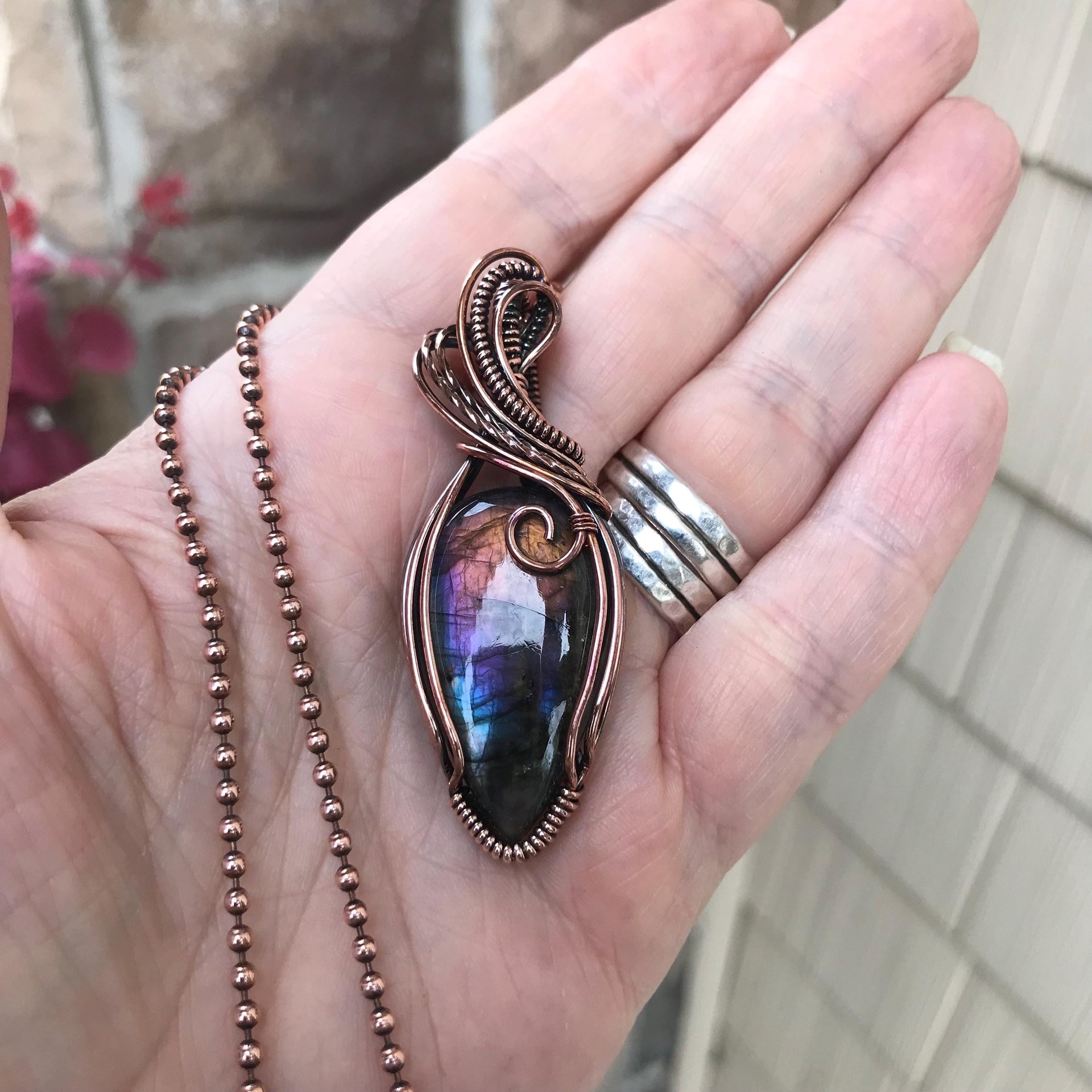 Purple rainbow labradorite wire wrapped copper necklace, Semiprecious spectrolite pendant