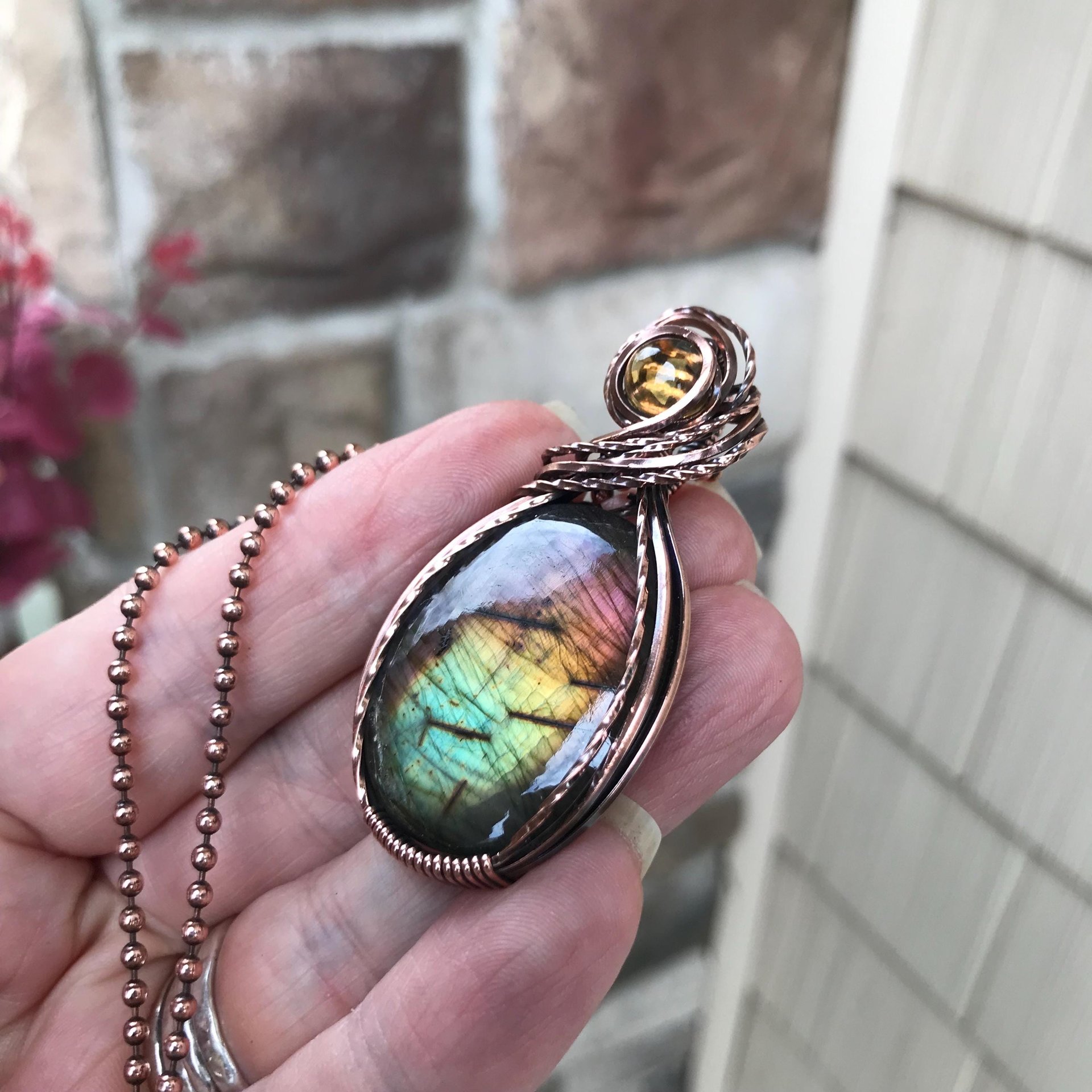 Rainbow labradorite & citrine oval copper wire wrapped pendant, Spectrolite purple yellow crystal necklace