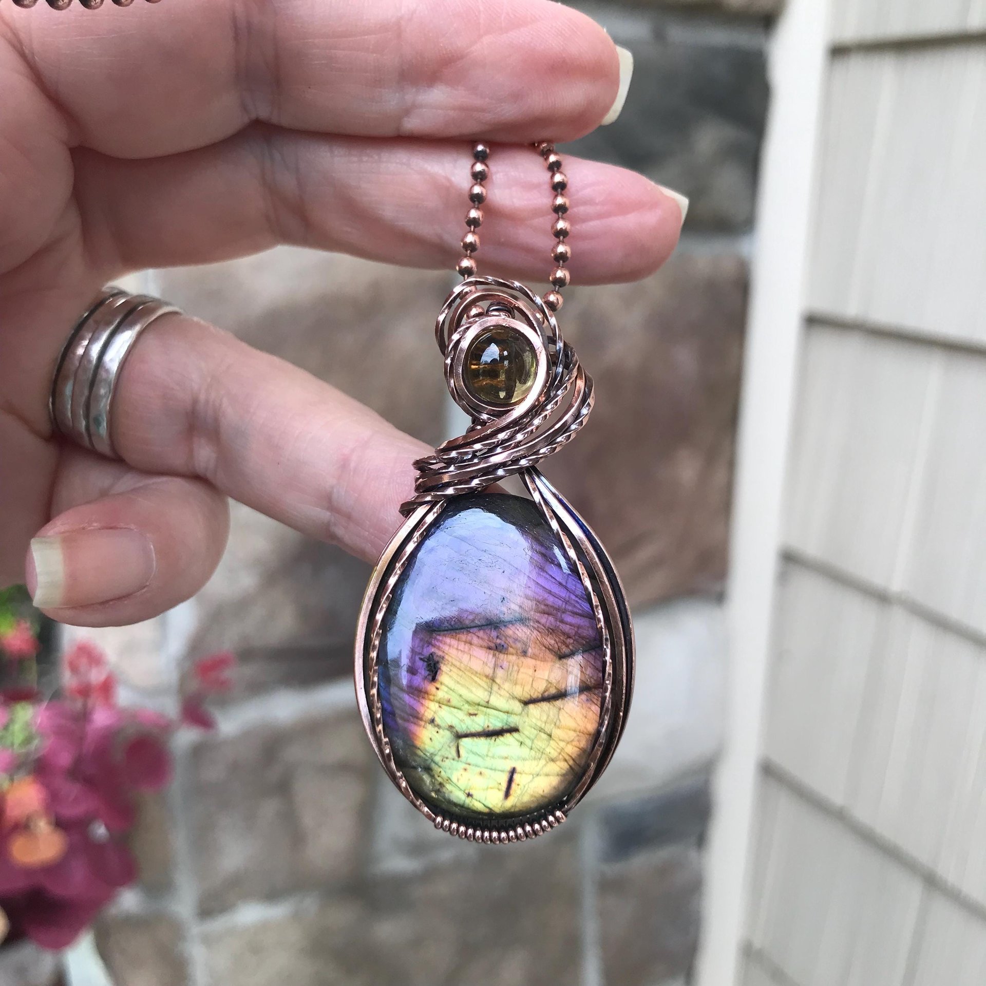 Rainbow labradorite & citrine oval copper wire wrapped pendant, Spectrolite purple yellow crystal necklace