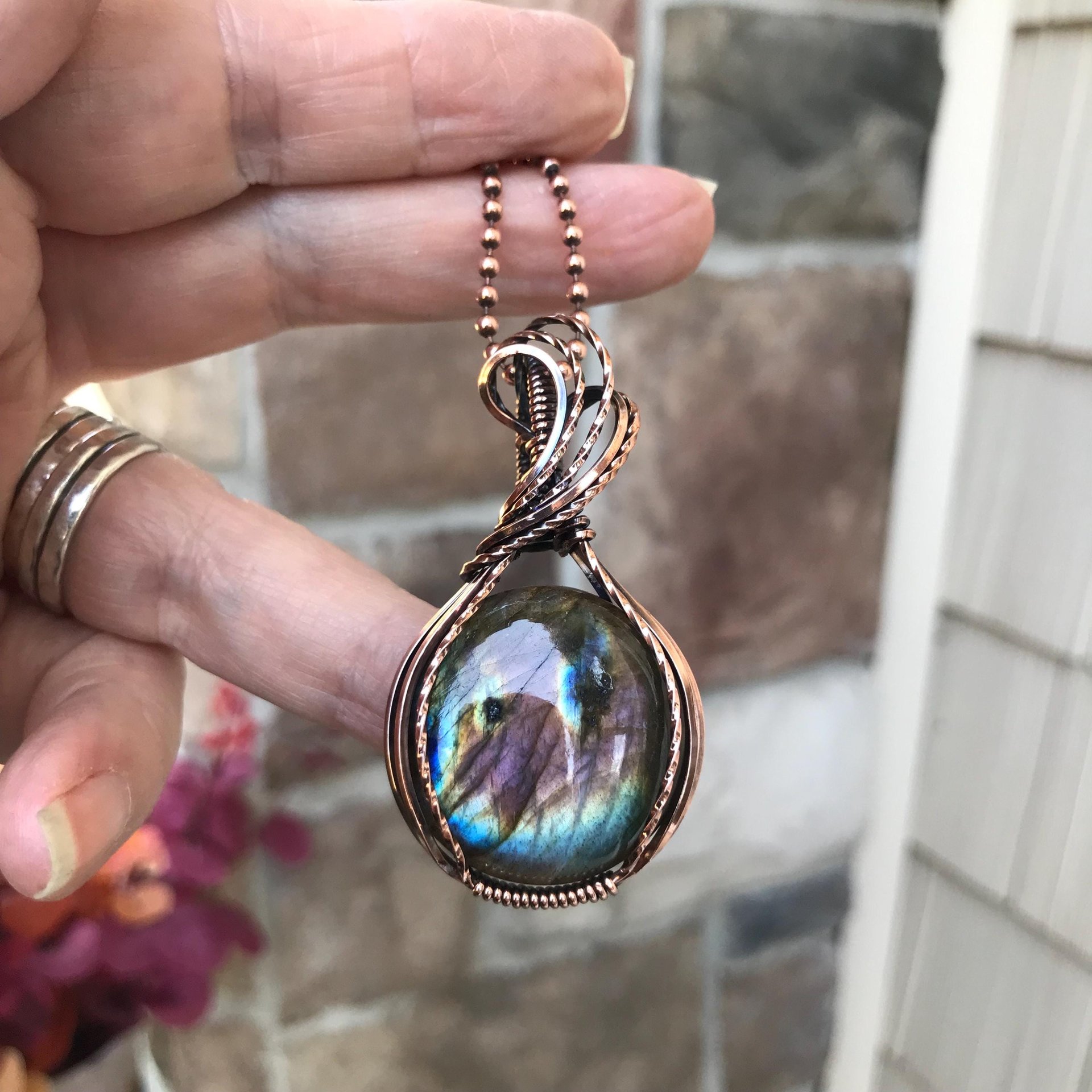 Rainbow labradorite copper wire wrapped pendant, Spectrolite gemstone purple blue crystal necklace