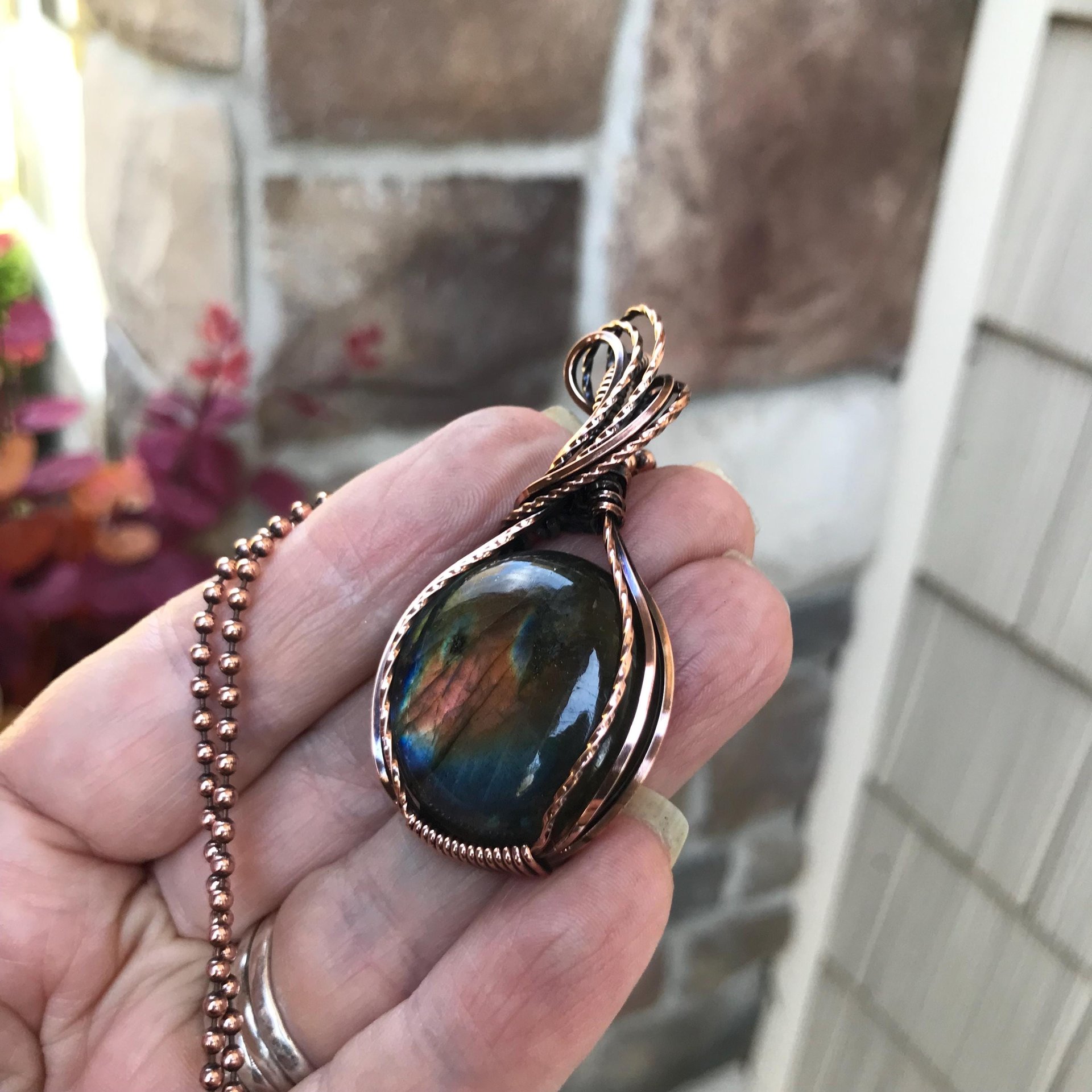 Rainbow labradorite copper wire wrapped pendant, Spectrolite gemstone purple blue crystal necklace