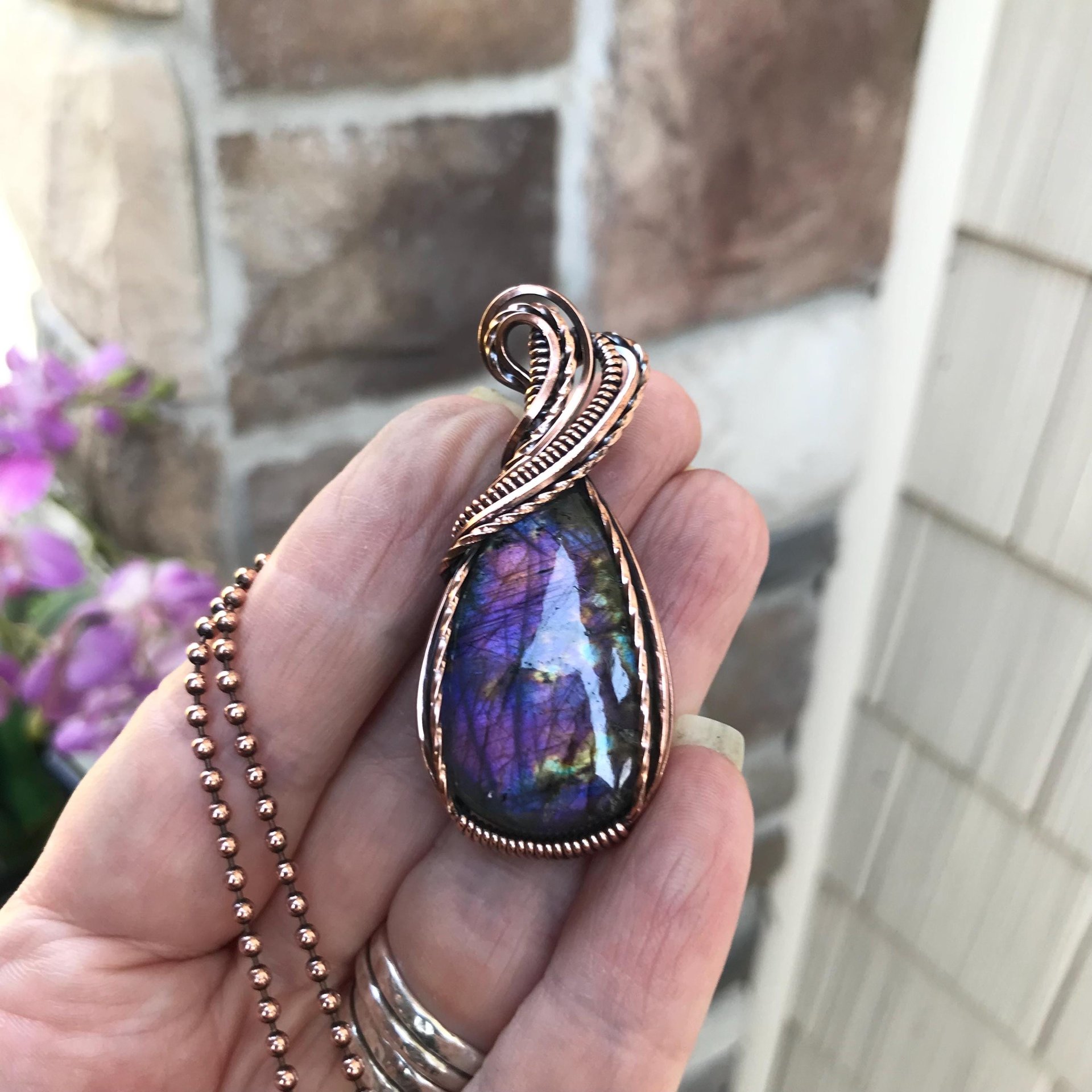 Pink  purple labradorite wire wrapped copper necklace, Spectrolite rainbow crystal pendant