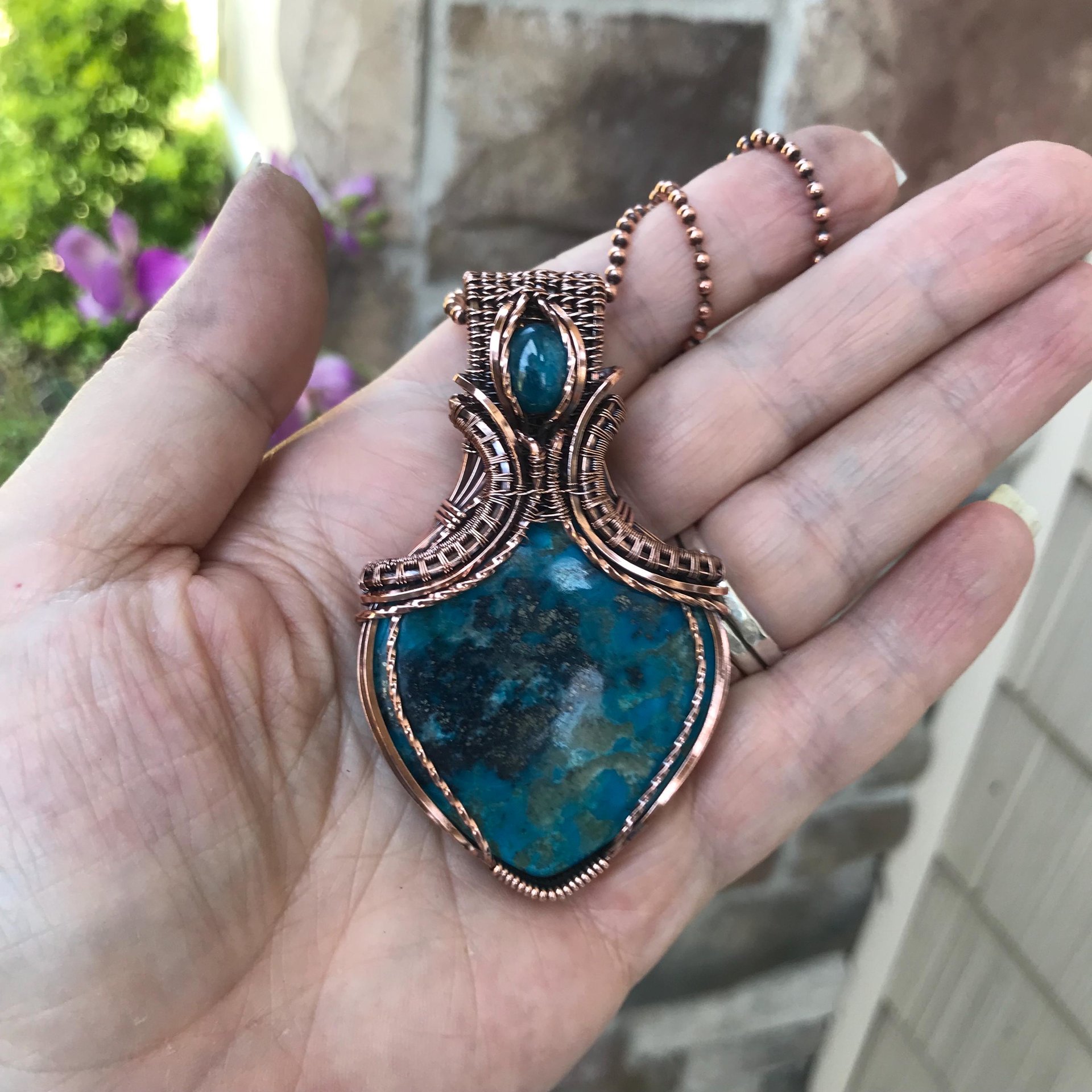 SOLD - Turquoise and apatite copper wire wrapped pendant, Blue teal crystal artisan necklace