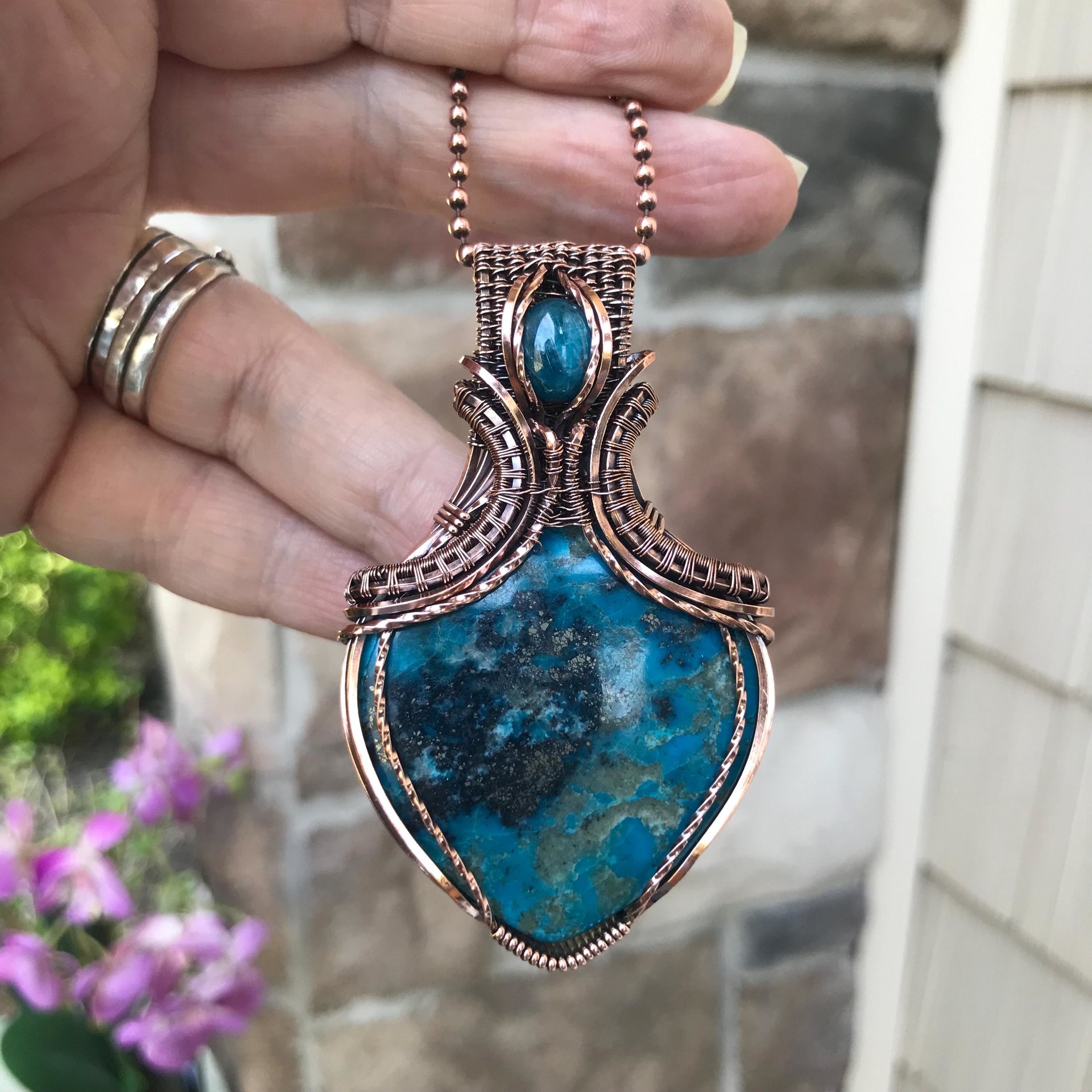 SOLD - Turquoise and apatite copper wire wrapped pendant, Blue teal crystal artisan necklace