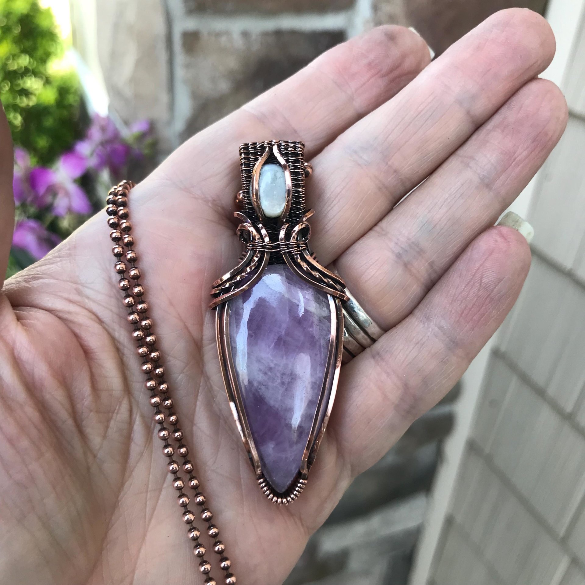 Kunzite & Mother of Pearl Copper Pendant