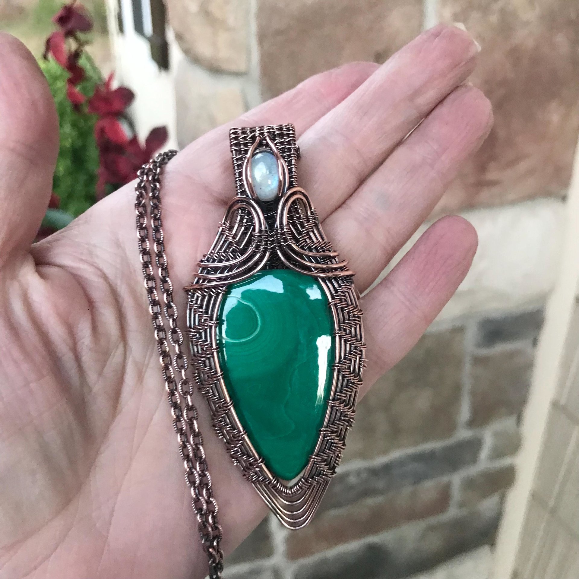 Malachite & Moonstone Copper Woven Pendant