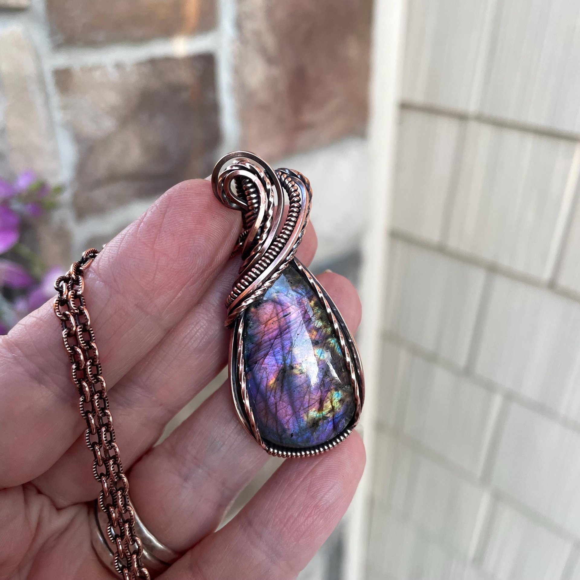 Pink  purple labradorite wire wrapped copper necklace, Spectrolite rainbow crystal pendant
