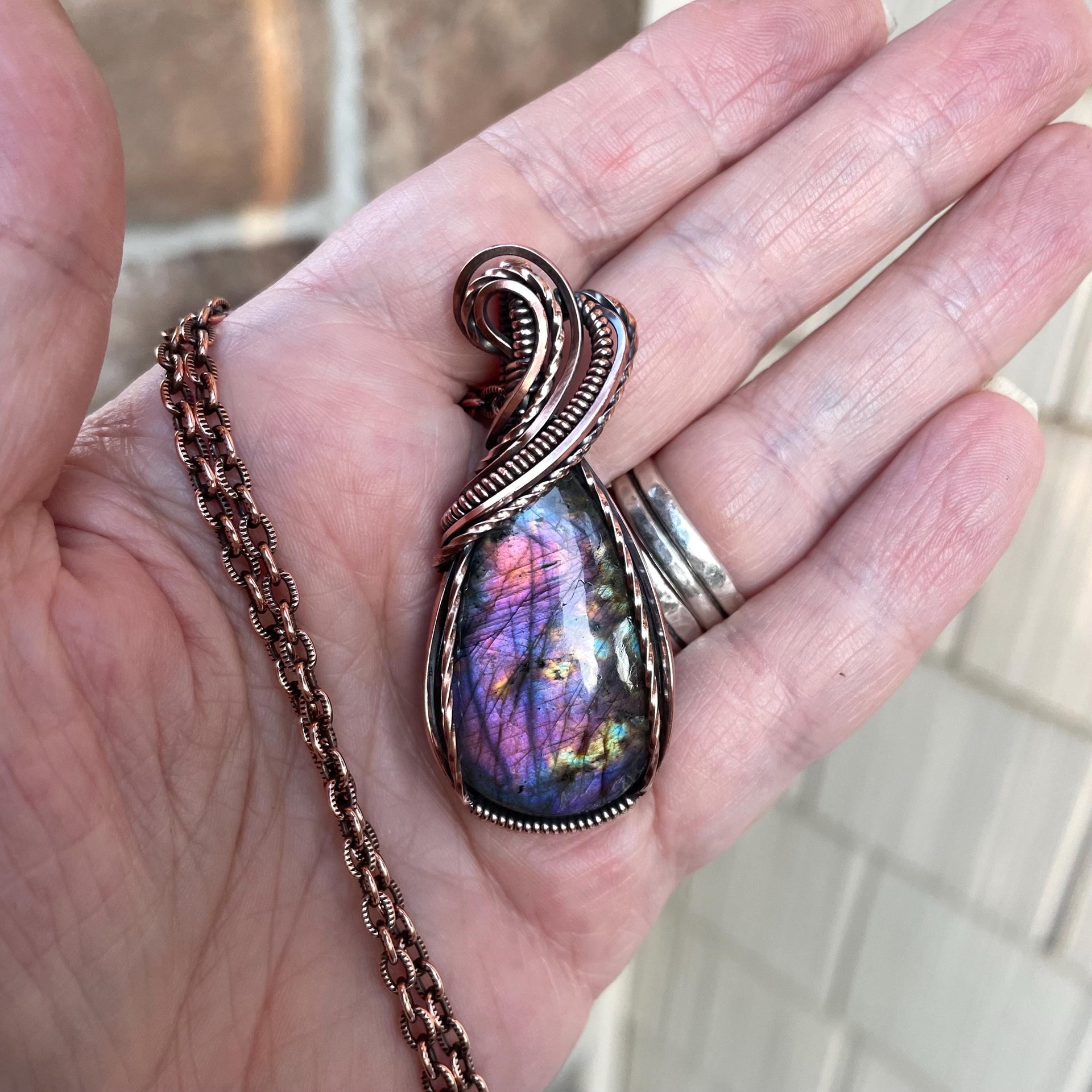 Pink  purple labradorite wire wrapped copper necklace, Spectrolite rainbow crystal pendant