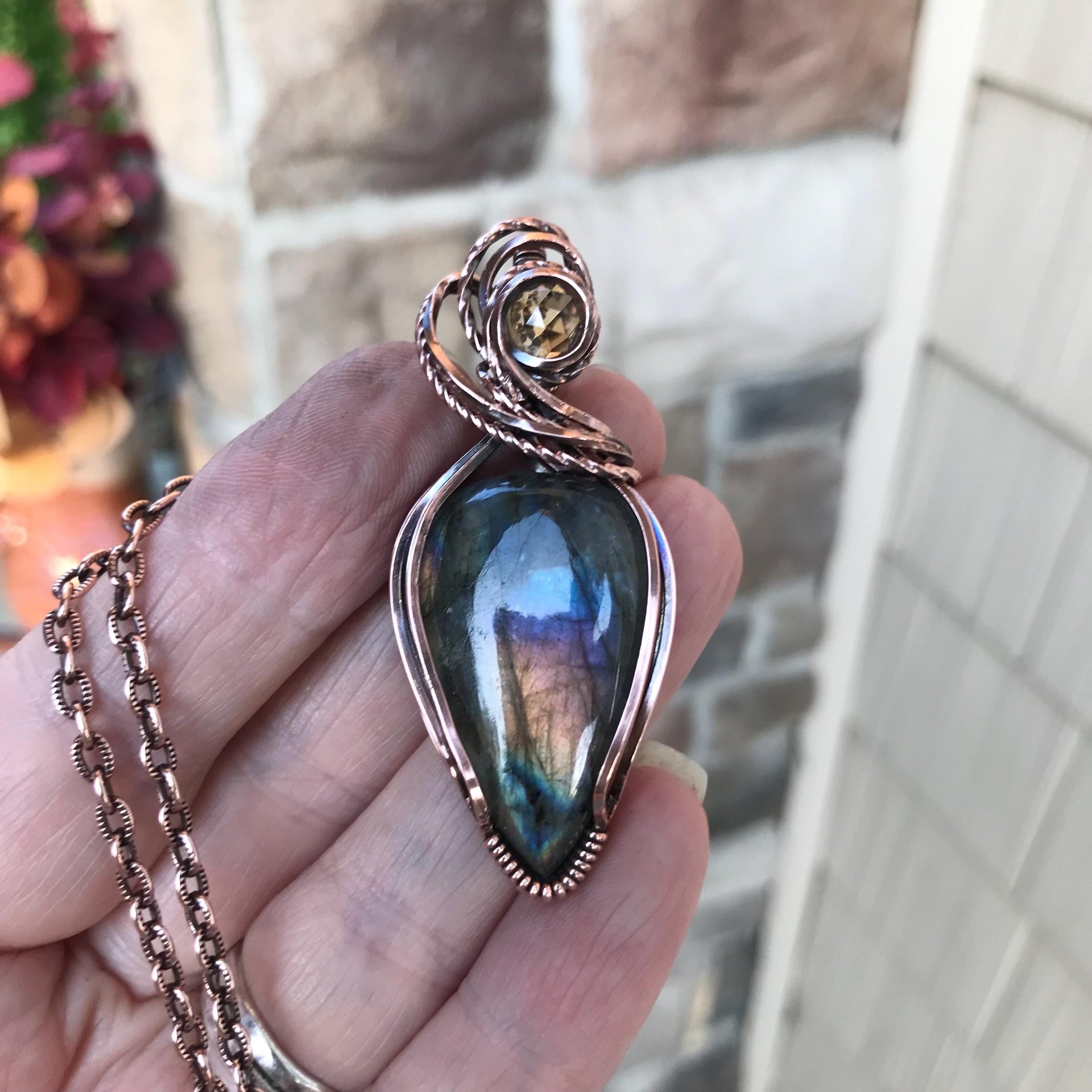 Rainbow Labradorite & Citrine Copper Pendant