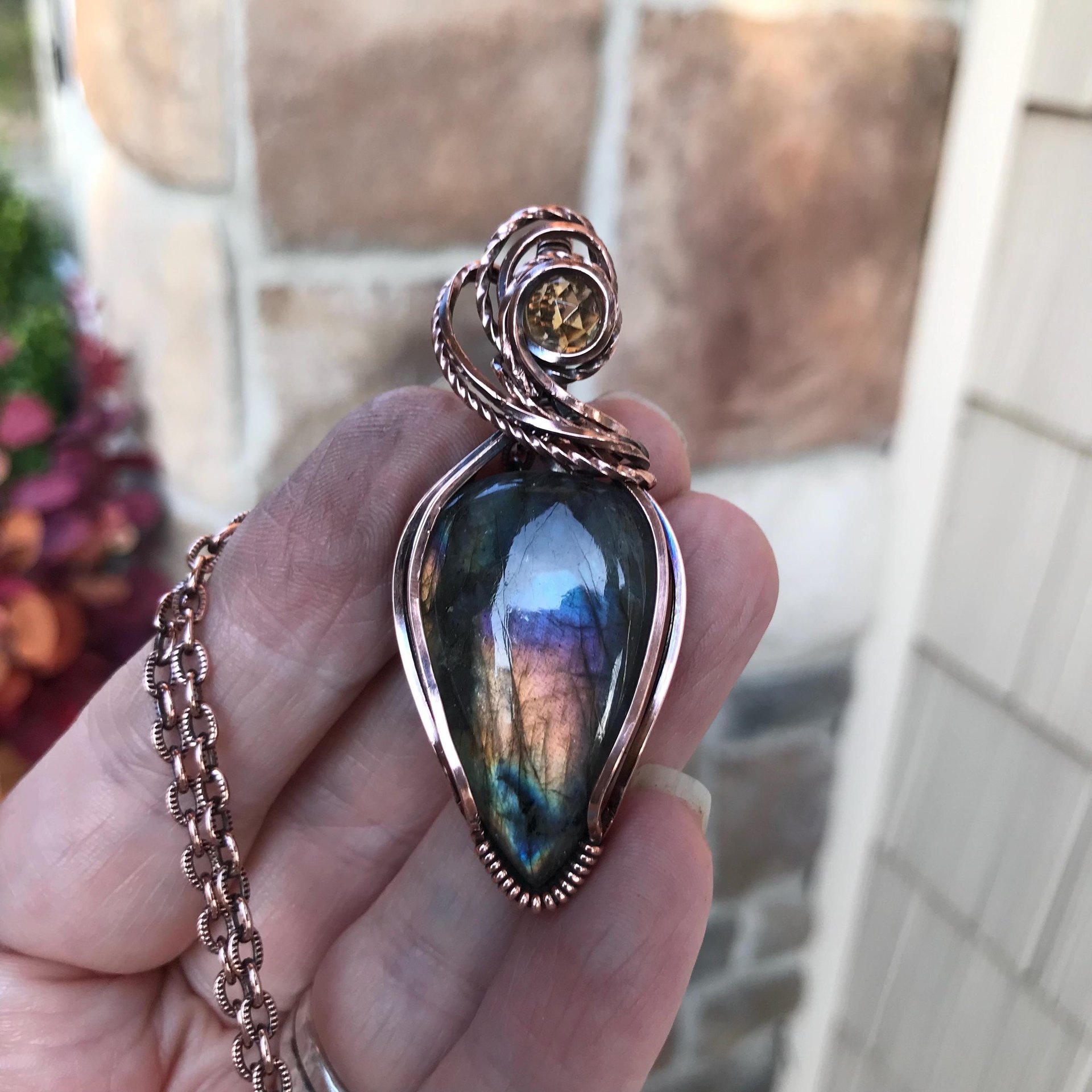 Rainbow Labradorite & Citrine Copper Pendant