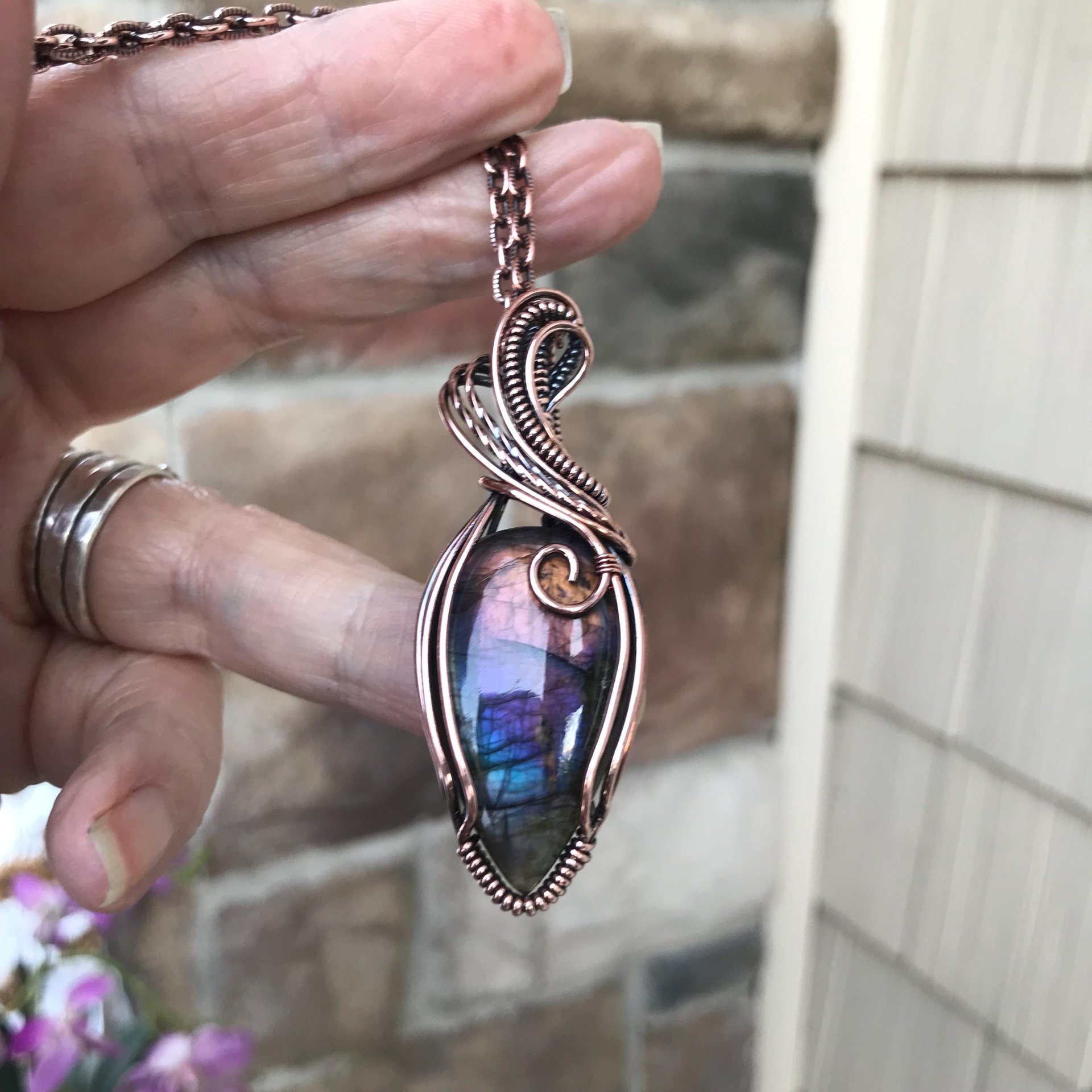 Purple rainbow labradorite wire wrapped copper necklace, Semiprecious spectrolite pendant