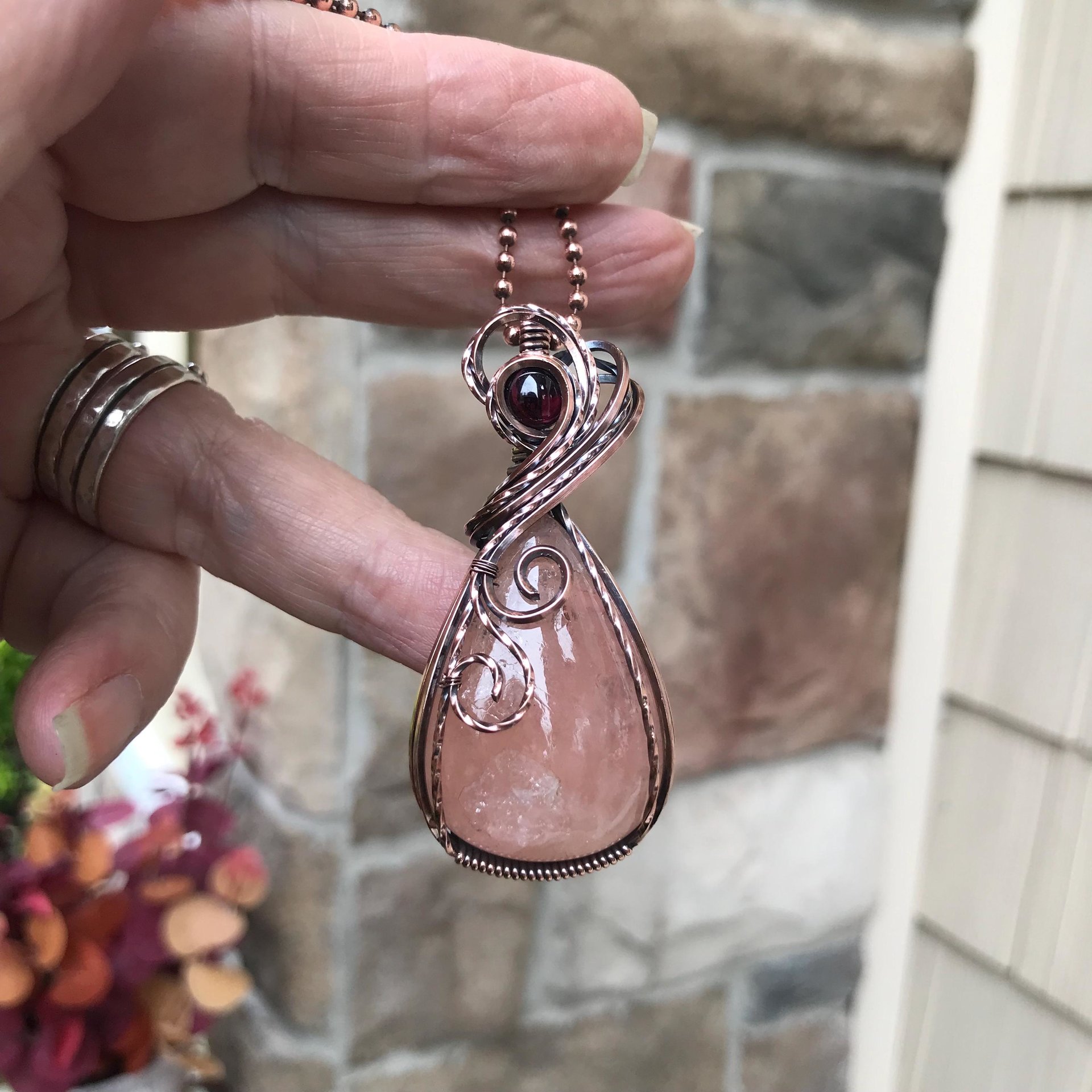 Morganite & Garnet Swirly Copper Necklace