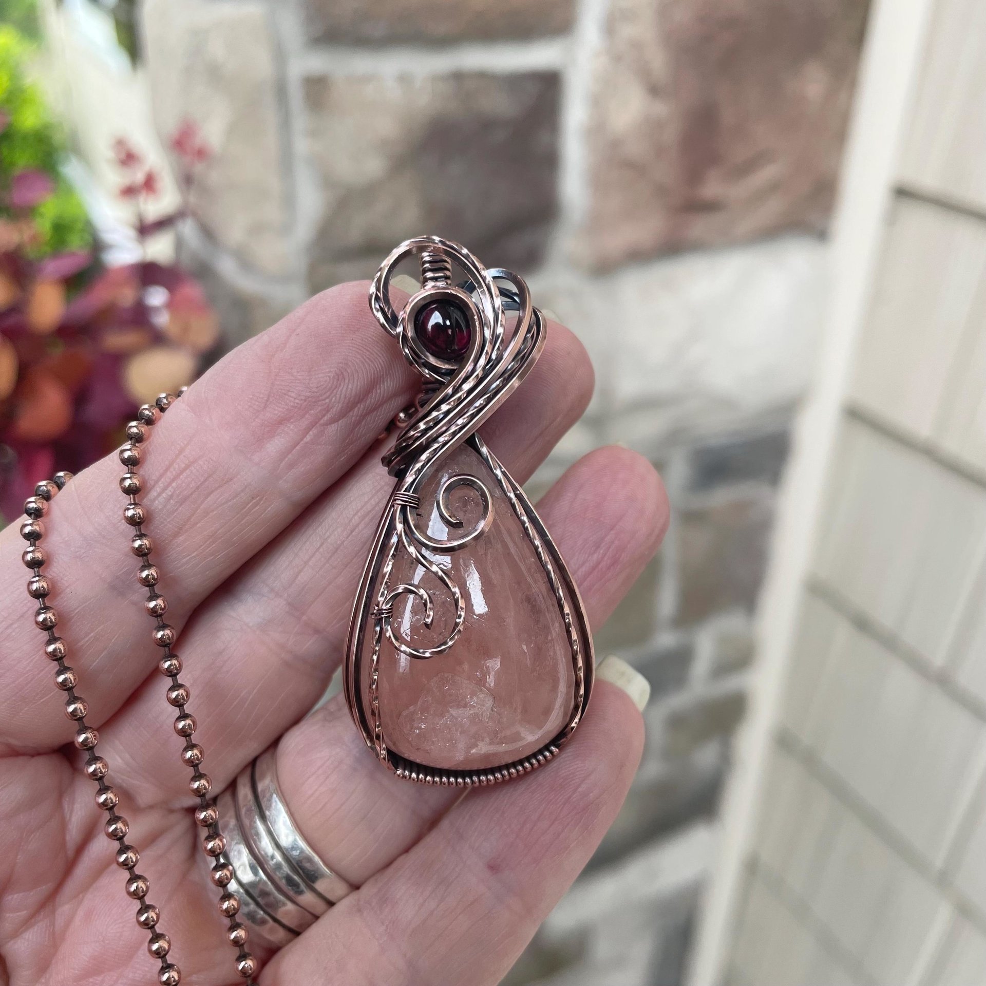 Morganite & Garnet Swirly Copper Necklace