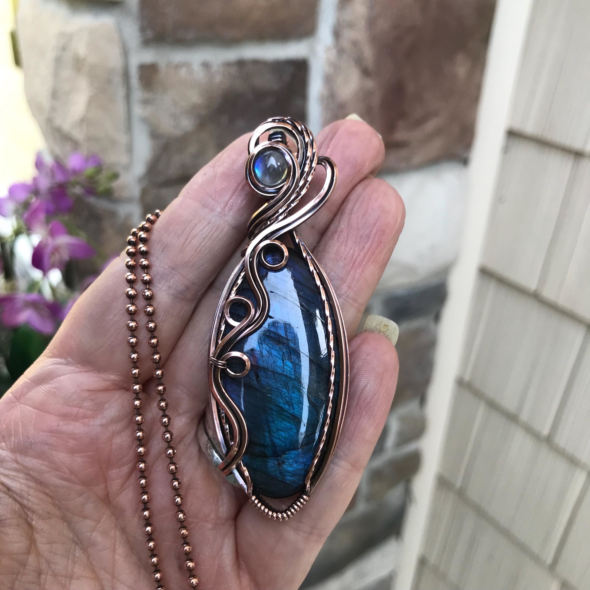 Blue Labradorite & Moonstone Slender Copper Necklace