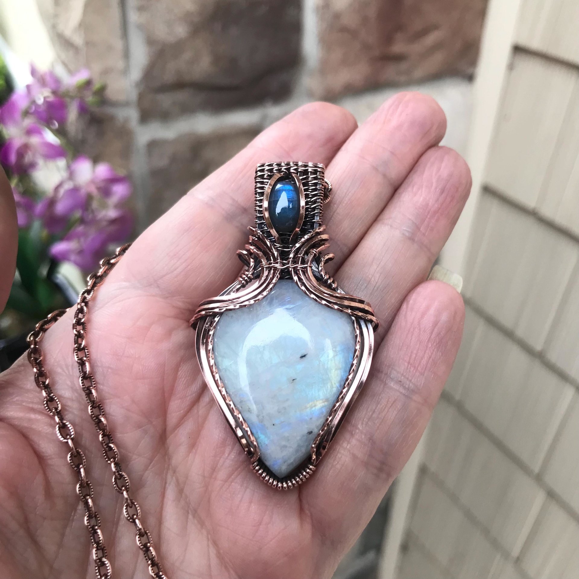 Moonstone & Blue Labradorite Copper Pendant with Weaving
