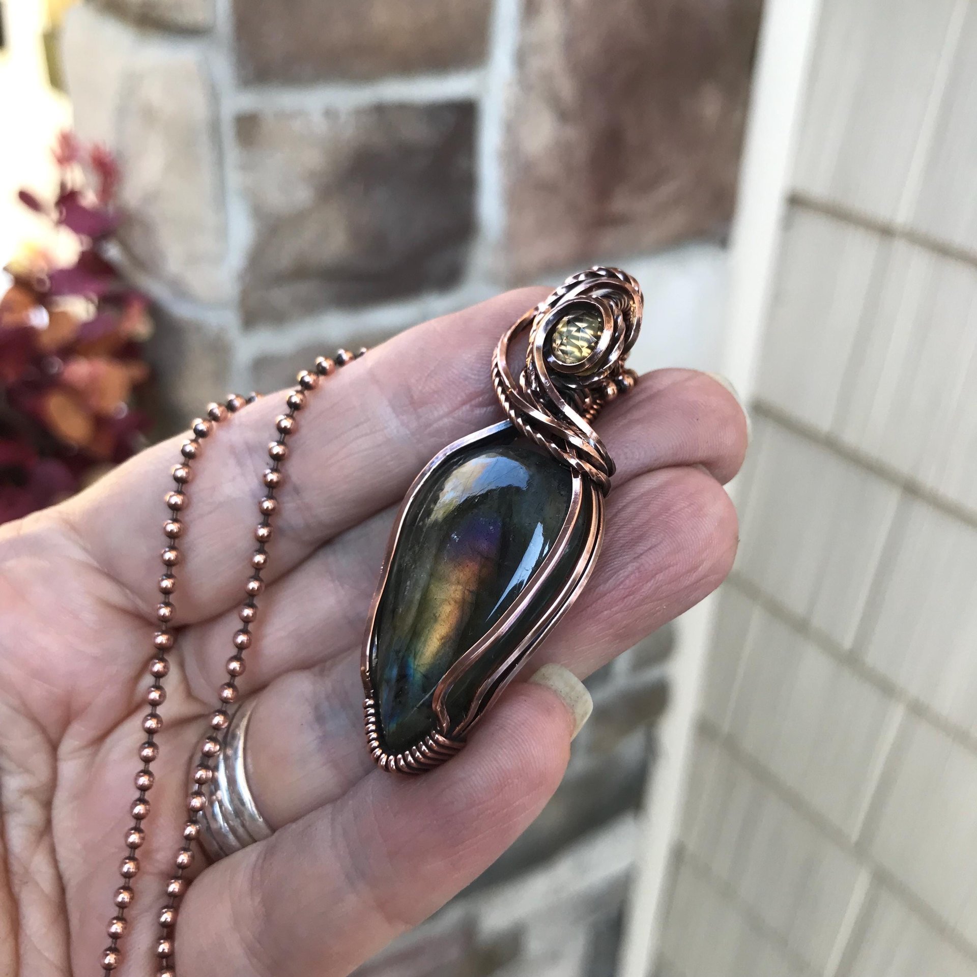 Rainbow Labradorite & Citrine Copper Pendant