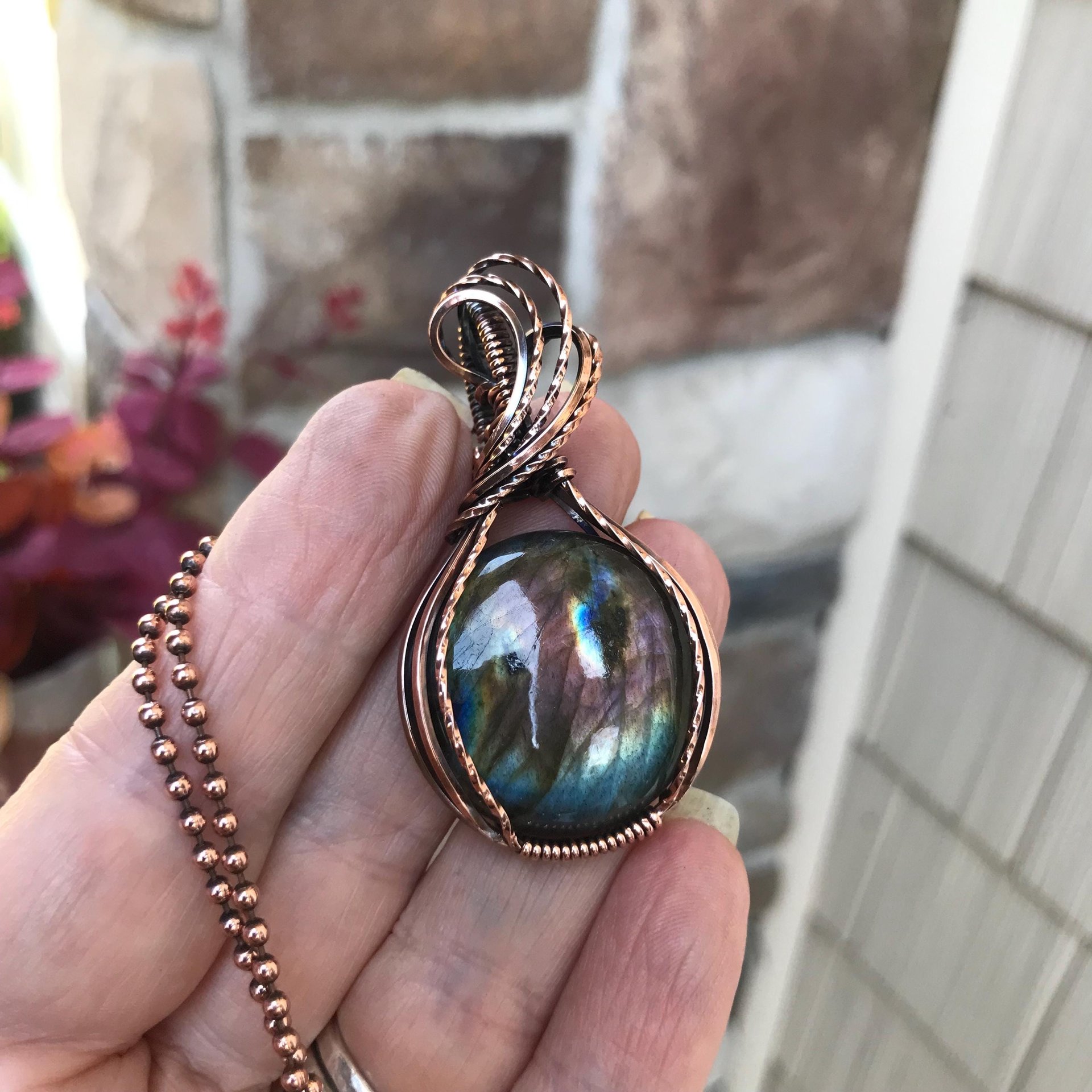 Rainbow labradorite copper wire wrapped pendant, Spectrolite gemstone purple blue crystal necklace