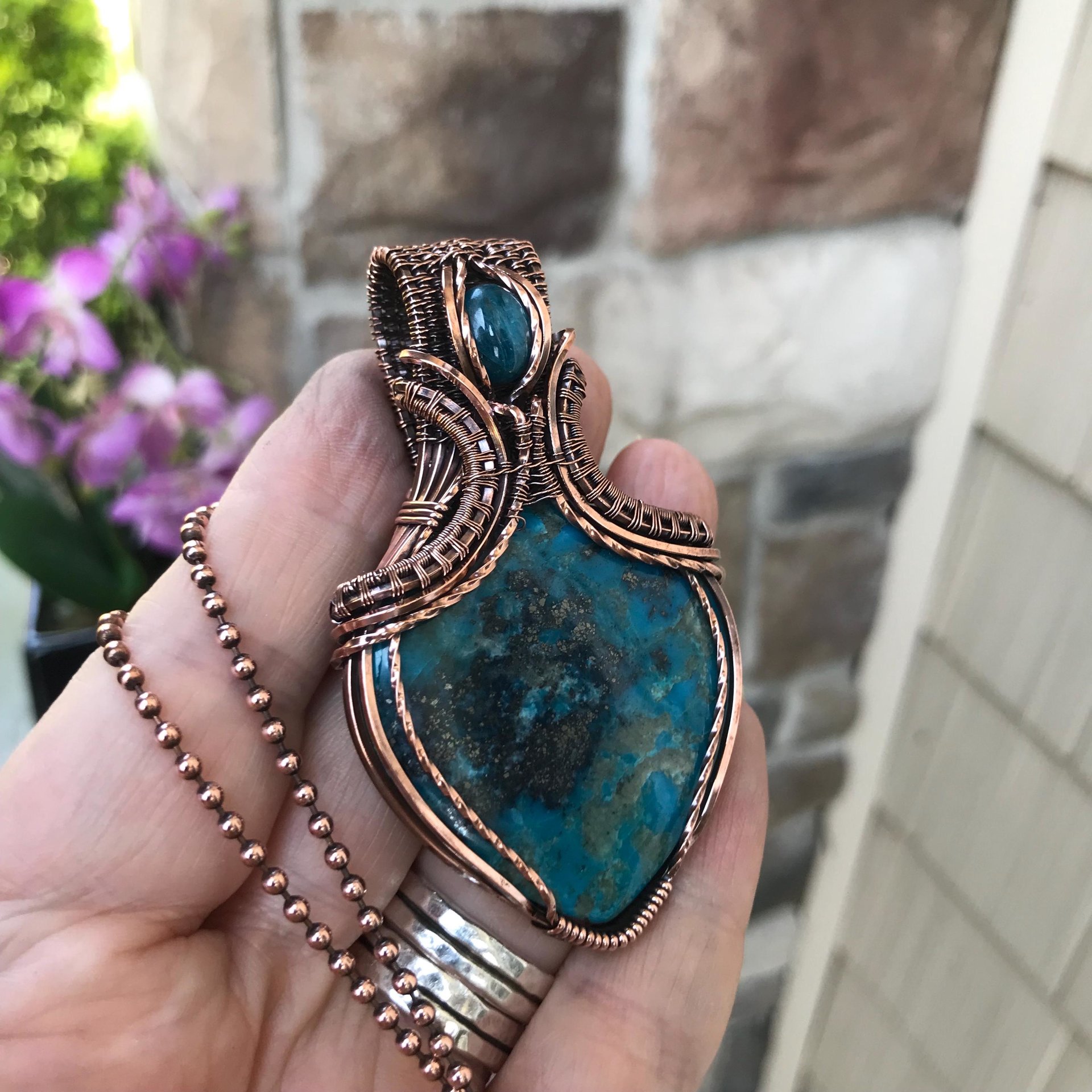 SOLD - Turquoise and apatite copper wire wrapped pendant, Blue teal crystal artisan necklace