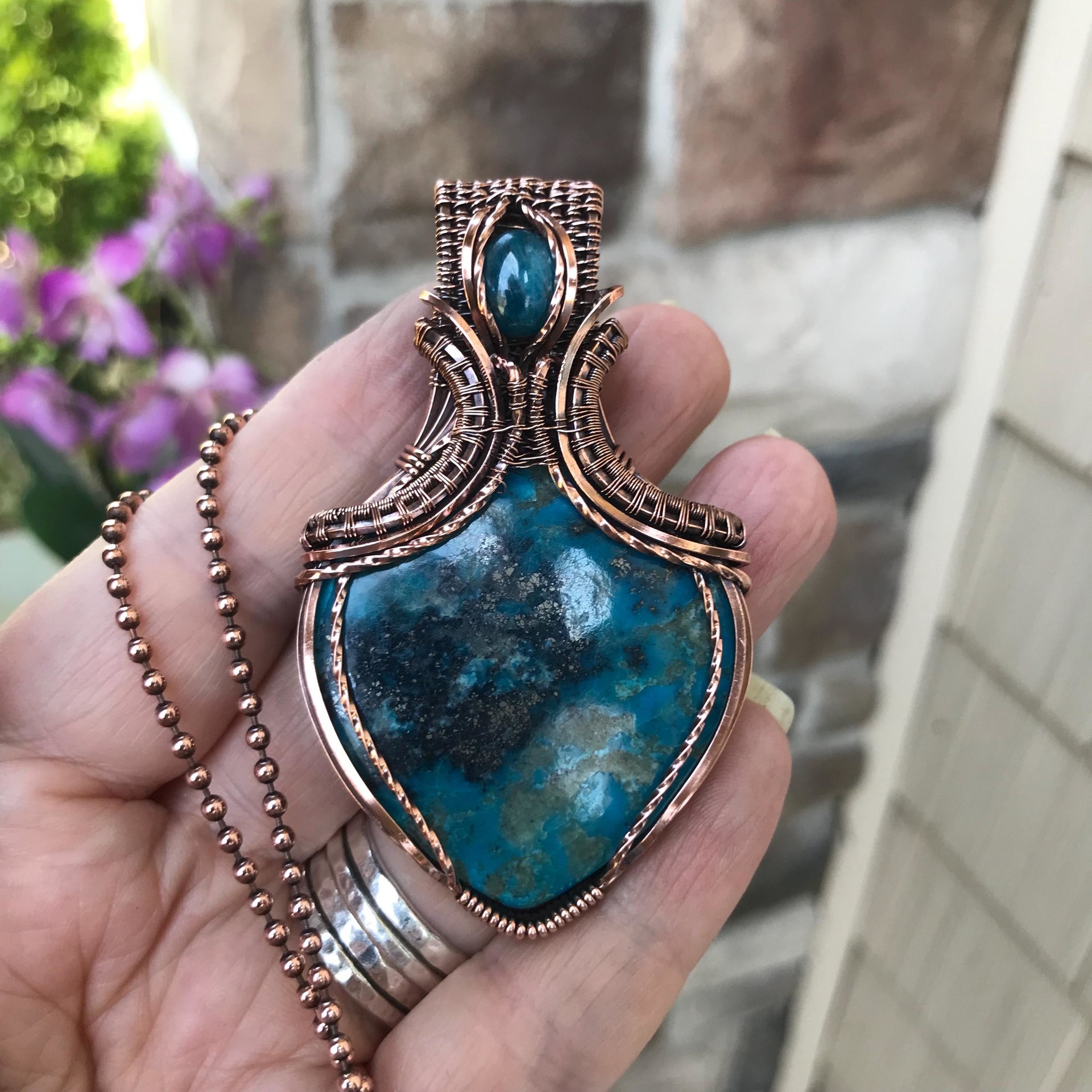 SOLD - Turquoise and apatite copper wire wrapped pendant, Blue teal crystal artisan necklace