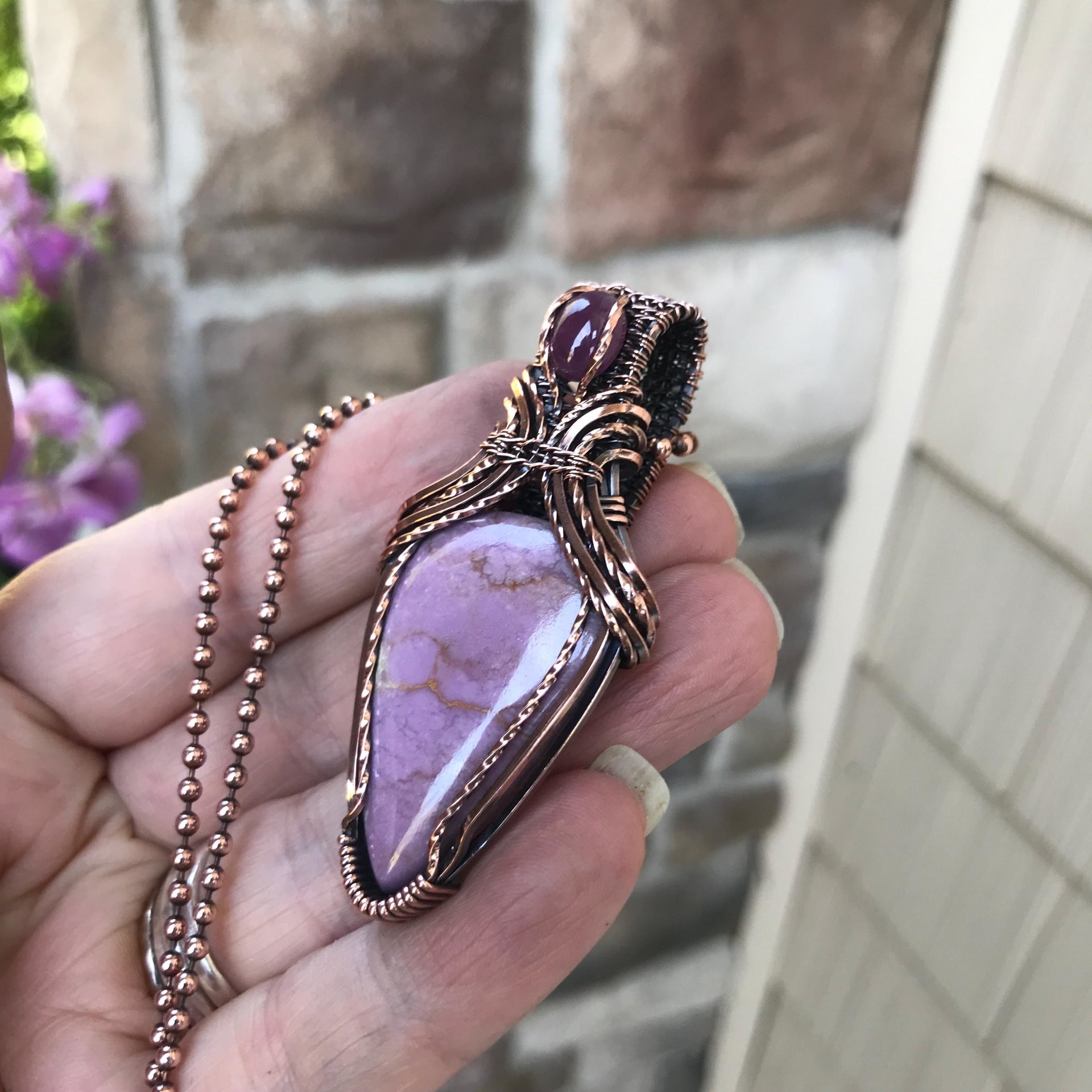 Phosphosiderite & Ruby Copper Necklace with Weaving