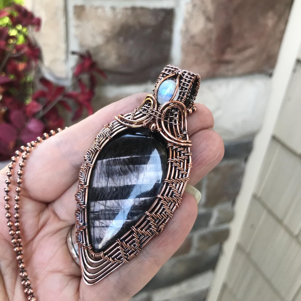 Hypersthene & Moonstone Woven Copper Pendant