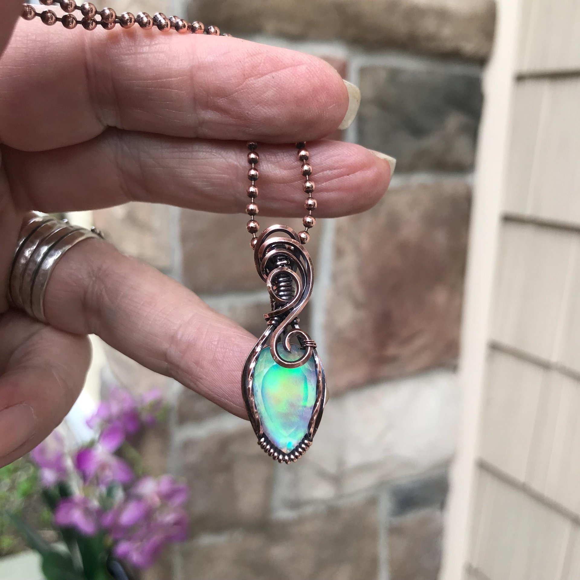 Aurora Opal Green Pink Copper Necklace