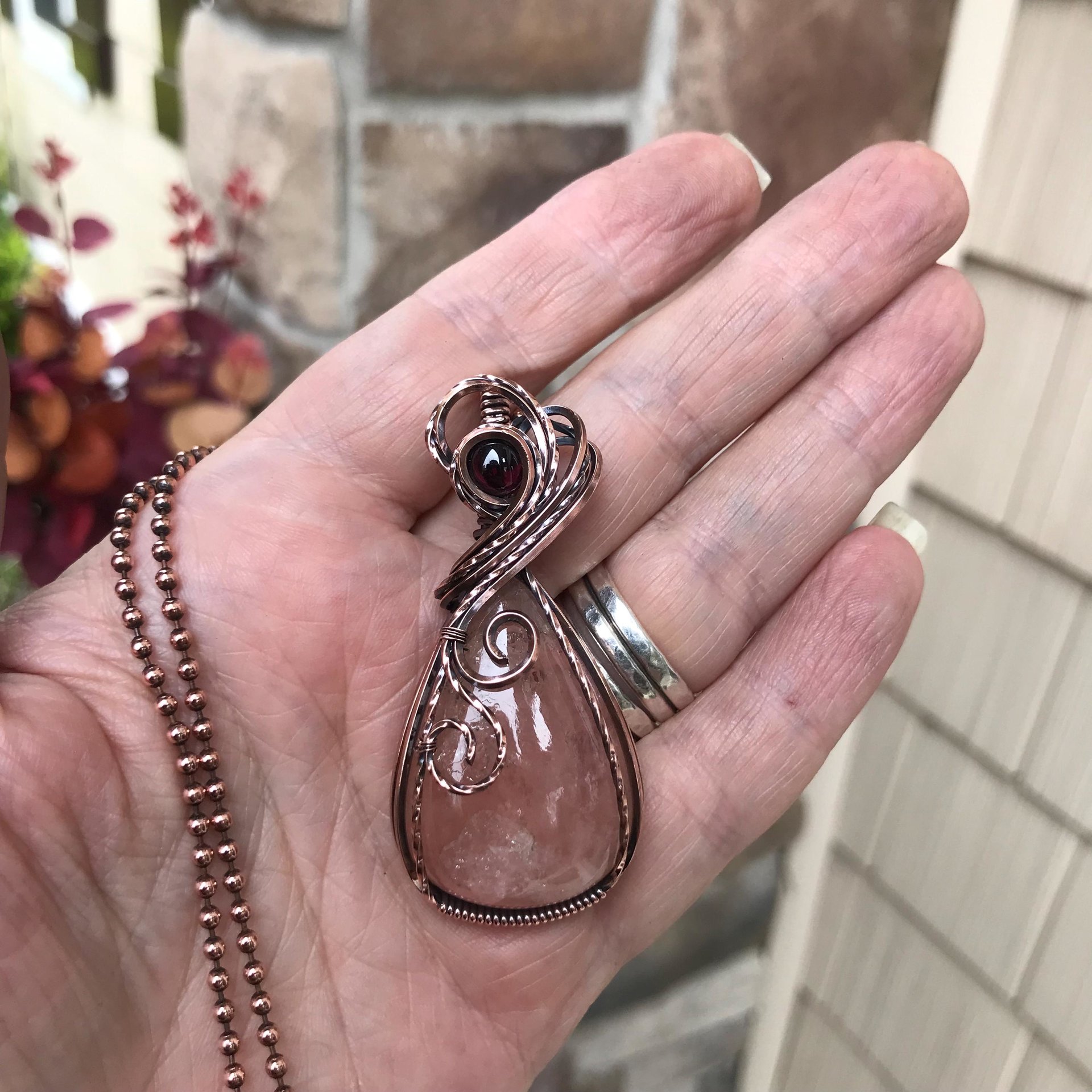 Morganite & Garnet Swirly Copper Necklace