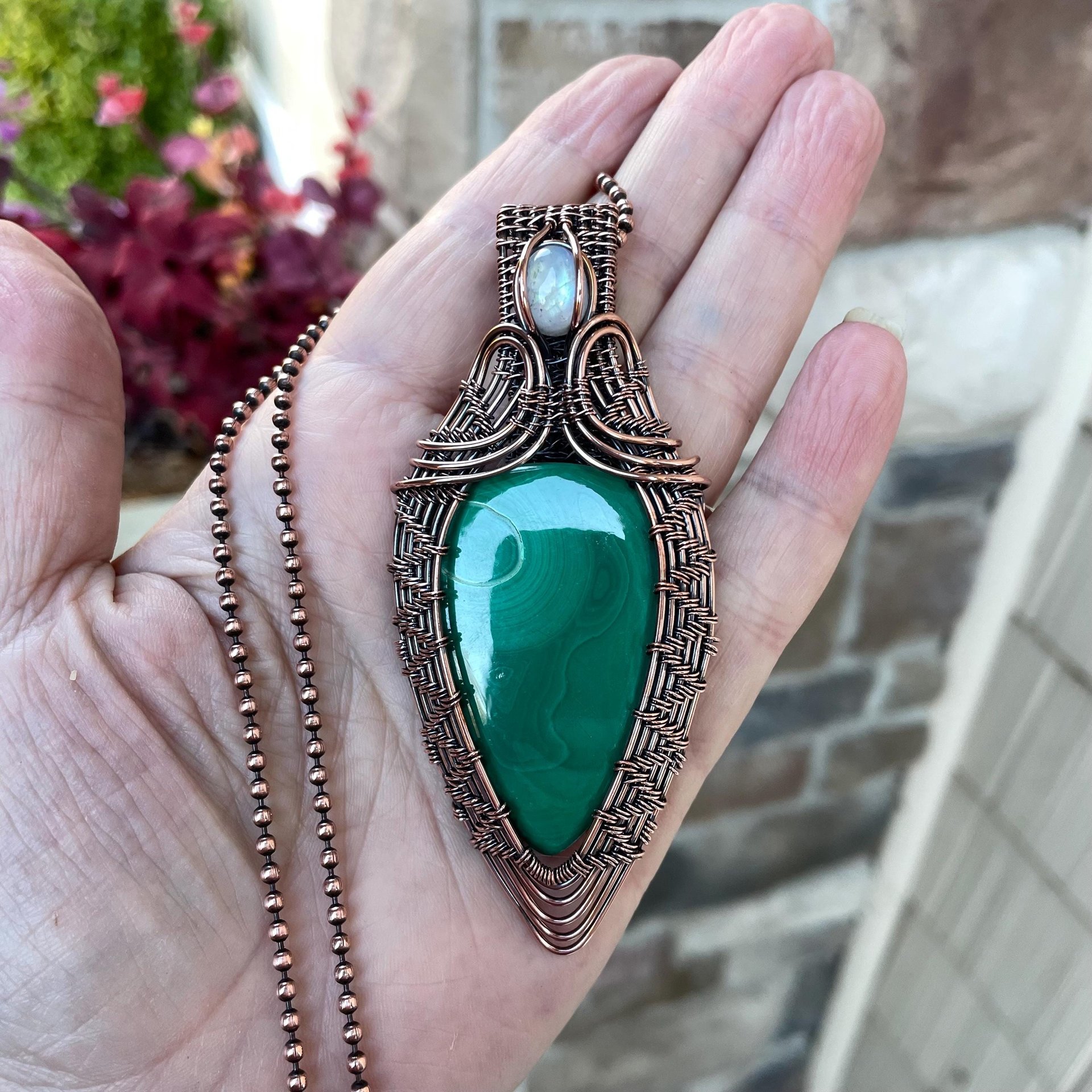 Malachite & Moonstone Copper Woven Pendant