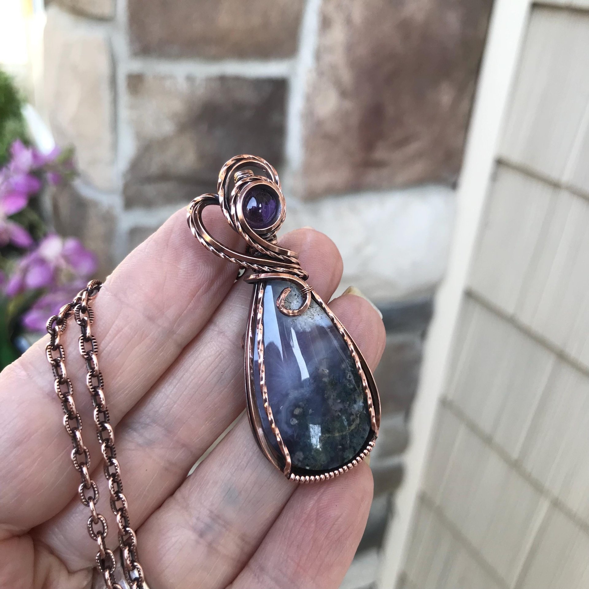 Moss Agate Chalcedony & Amethyst Copper Necklace