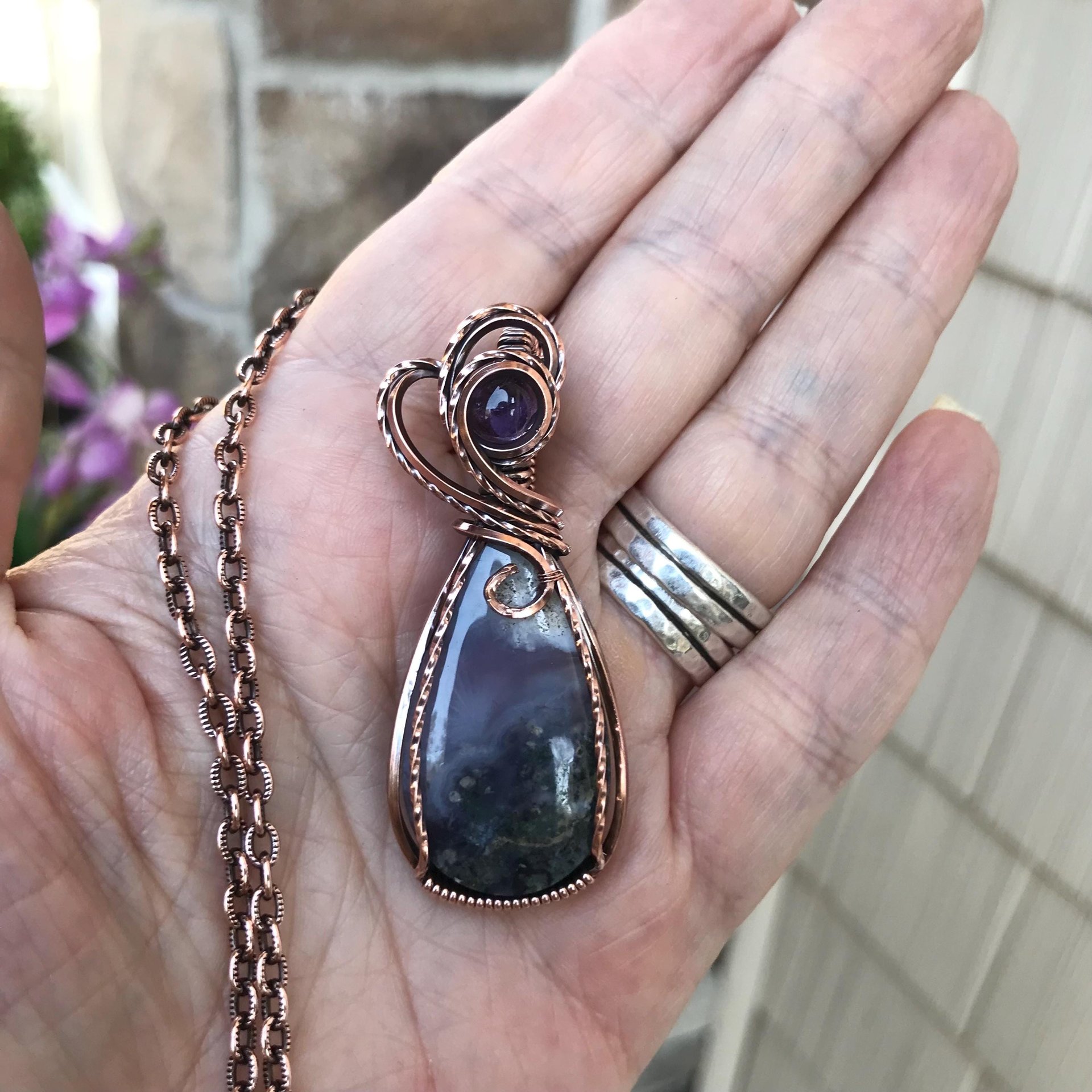 Moss Agate Chalcedony & Amethyst Copper Necklace