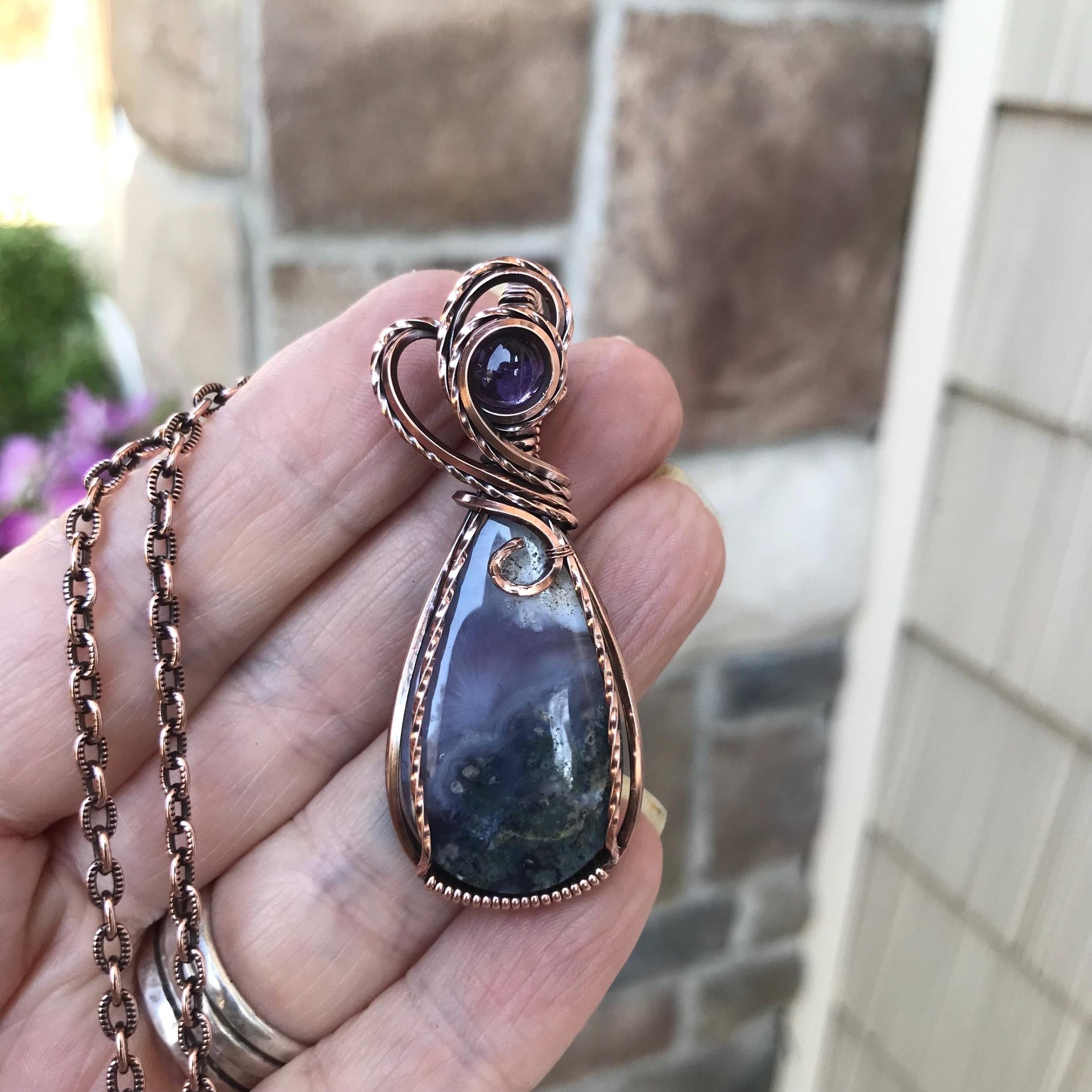 Moss Agate Chalcedony & Amethyst Copper Necklace