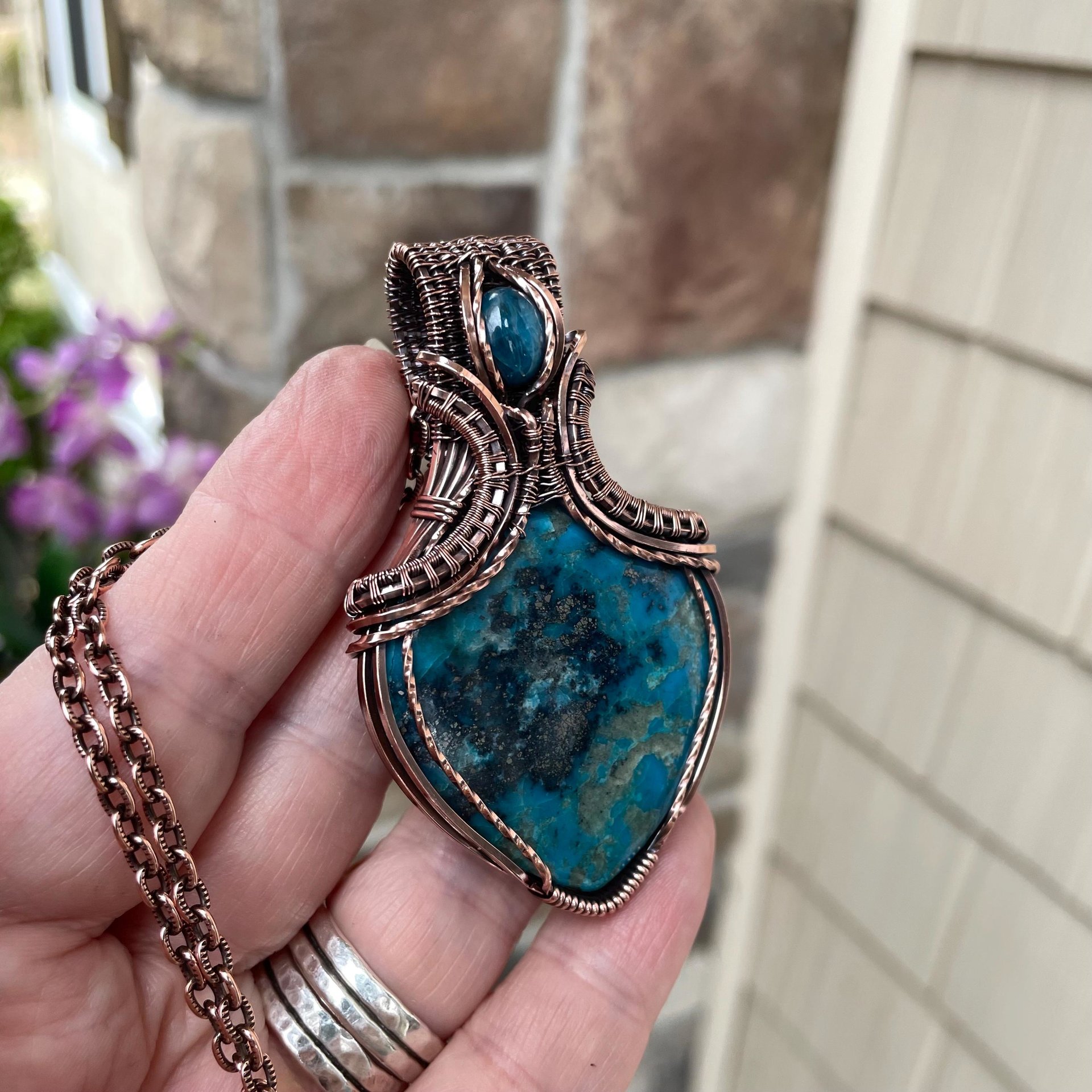 SOLD - Turquoise and apatite copper wire wrapped pendant, Blue teal crystal artisan necklace