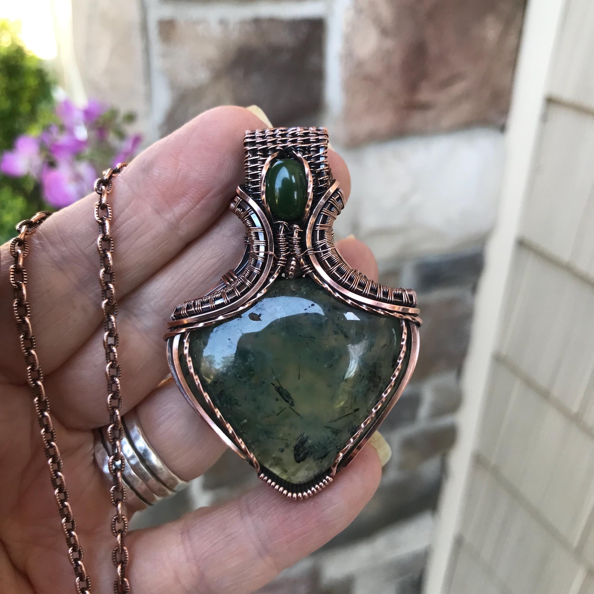 Prehnite & Jade Copper Pendant with Weaving