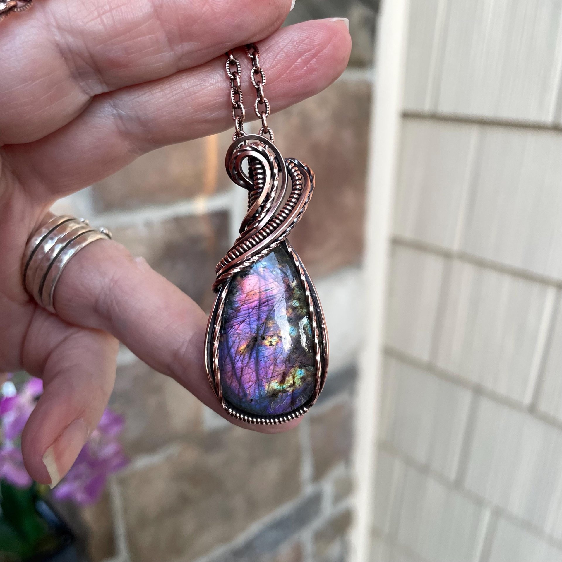 Pink  purple labradorite wire wrapped copper necklace, Spectrolite rainbow crystal pendant
