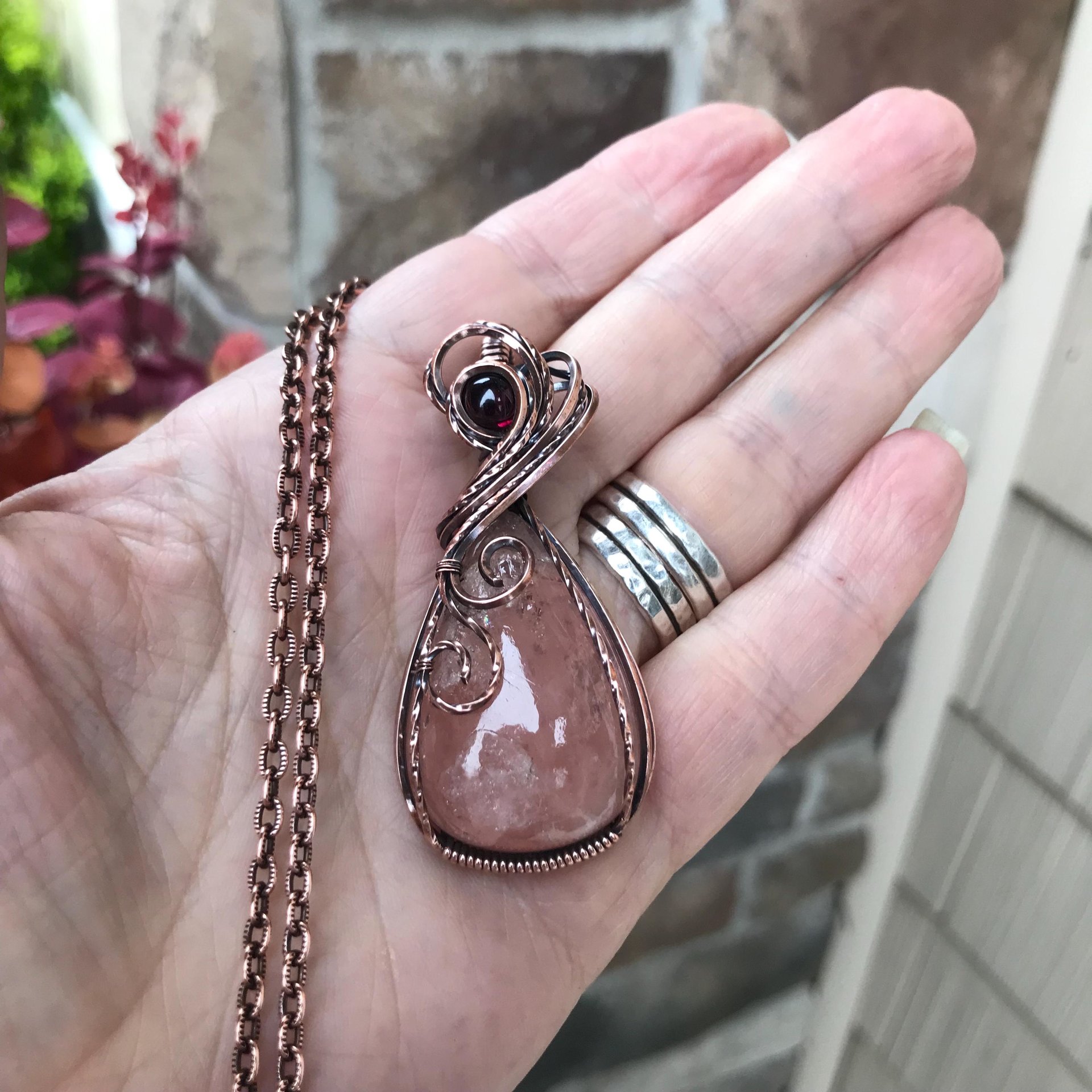 Morganite & Garnet Swirly Copper Necklace