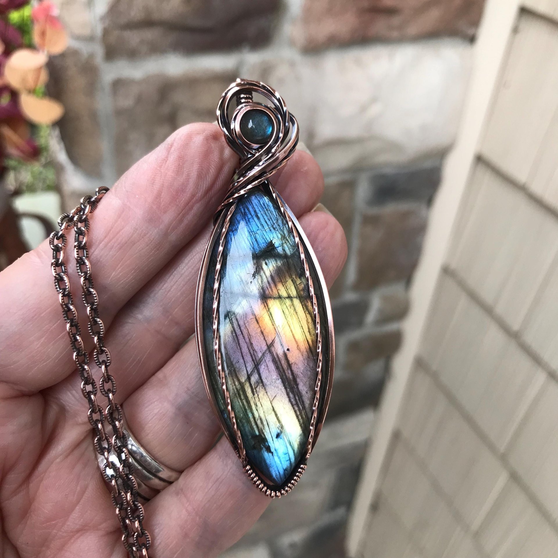 Rainbow Labradorite Marquis Copper Pendant