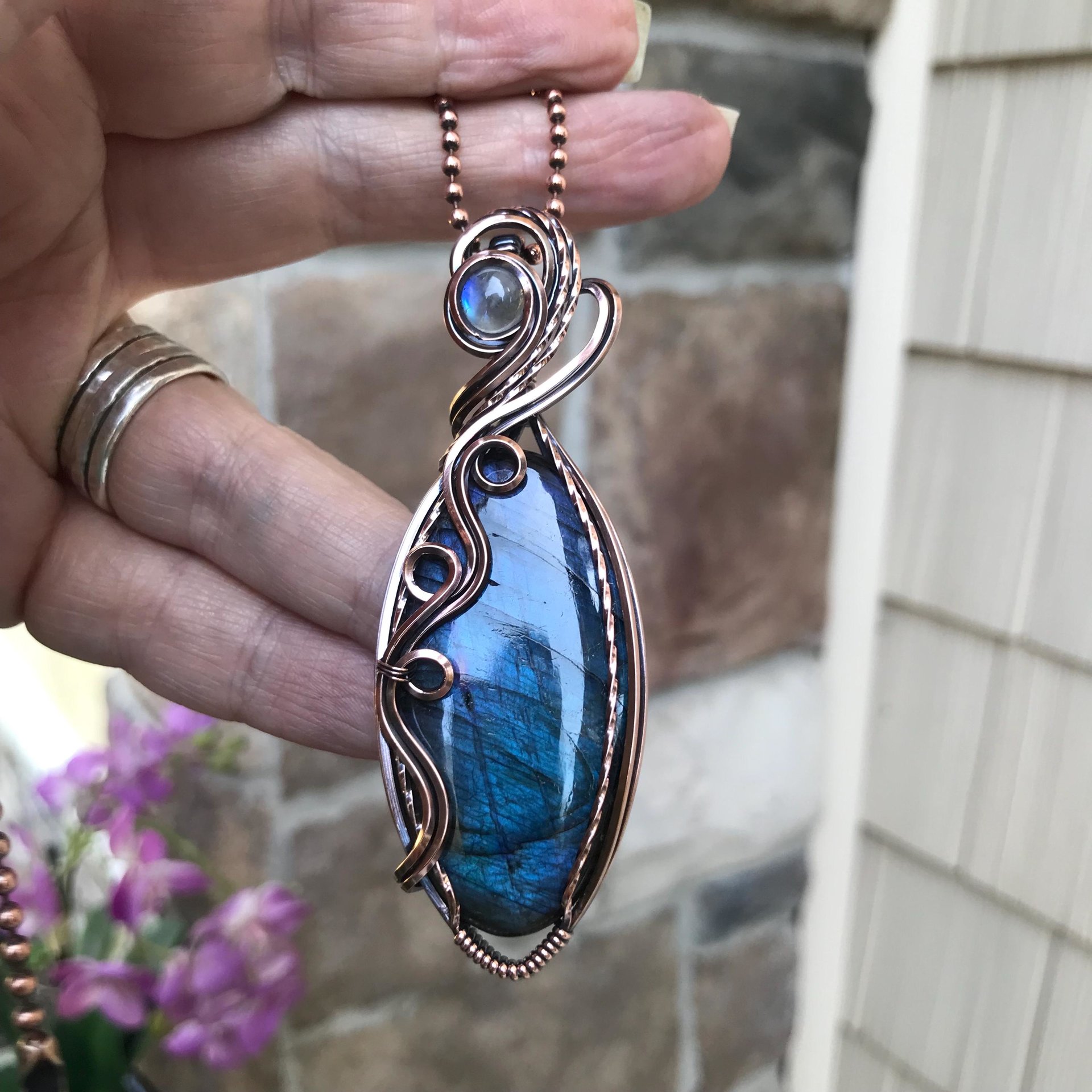 Blue Labradorite & Moonstone Slender Copper Necklace