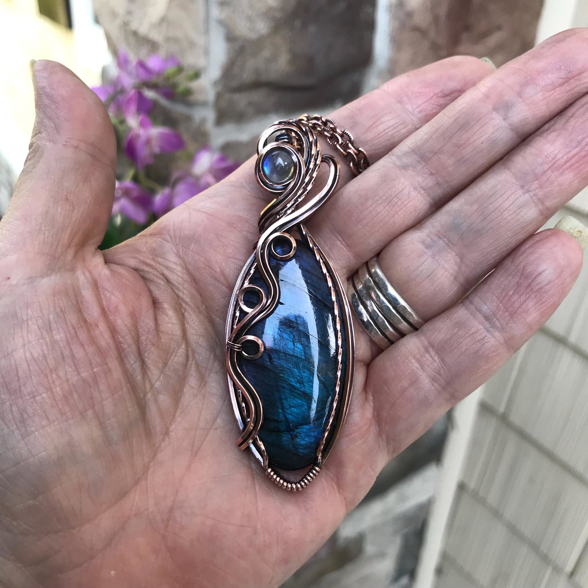 Blue Labradorite & Moonstone Slender Copper Necklace