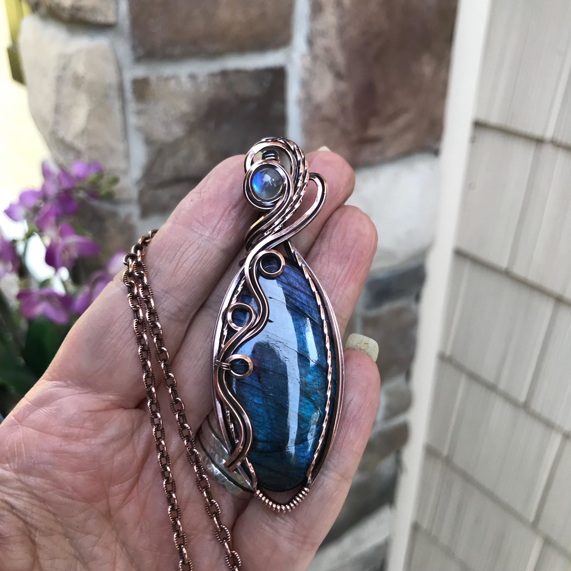 Blue Labradorite & Moonstone Slender Copper Necklace