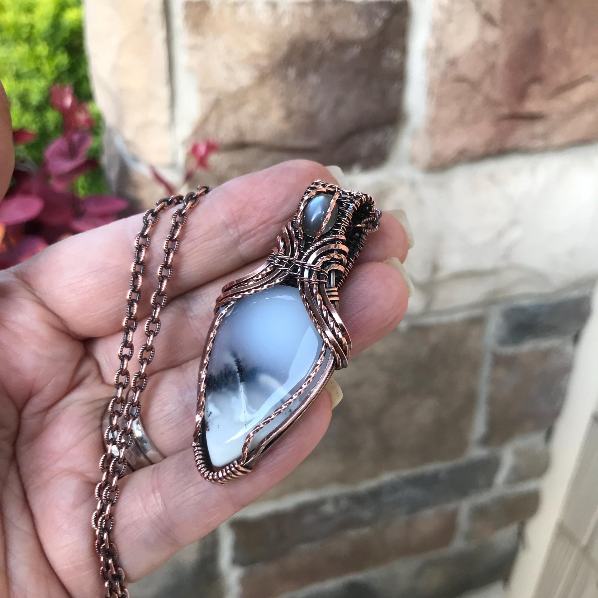 SOLD - Dendritic Opal  & Gray Moonstone Copper Pendant with Weaving