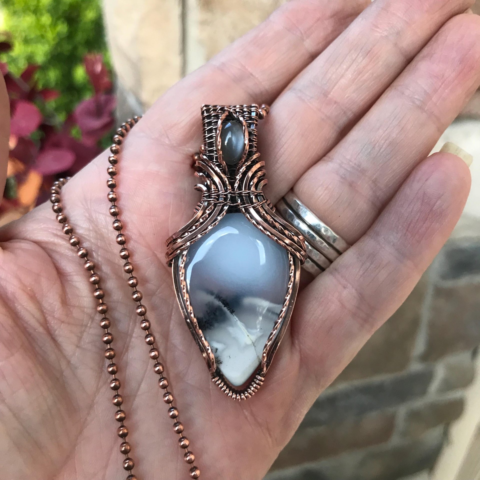SOLD - Dendritic Opal  & Gray Moonstone Copper Pendant with Weaving