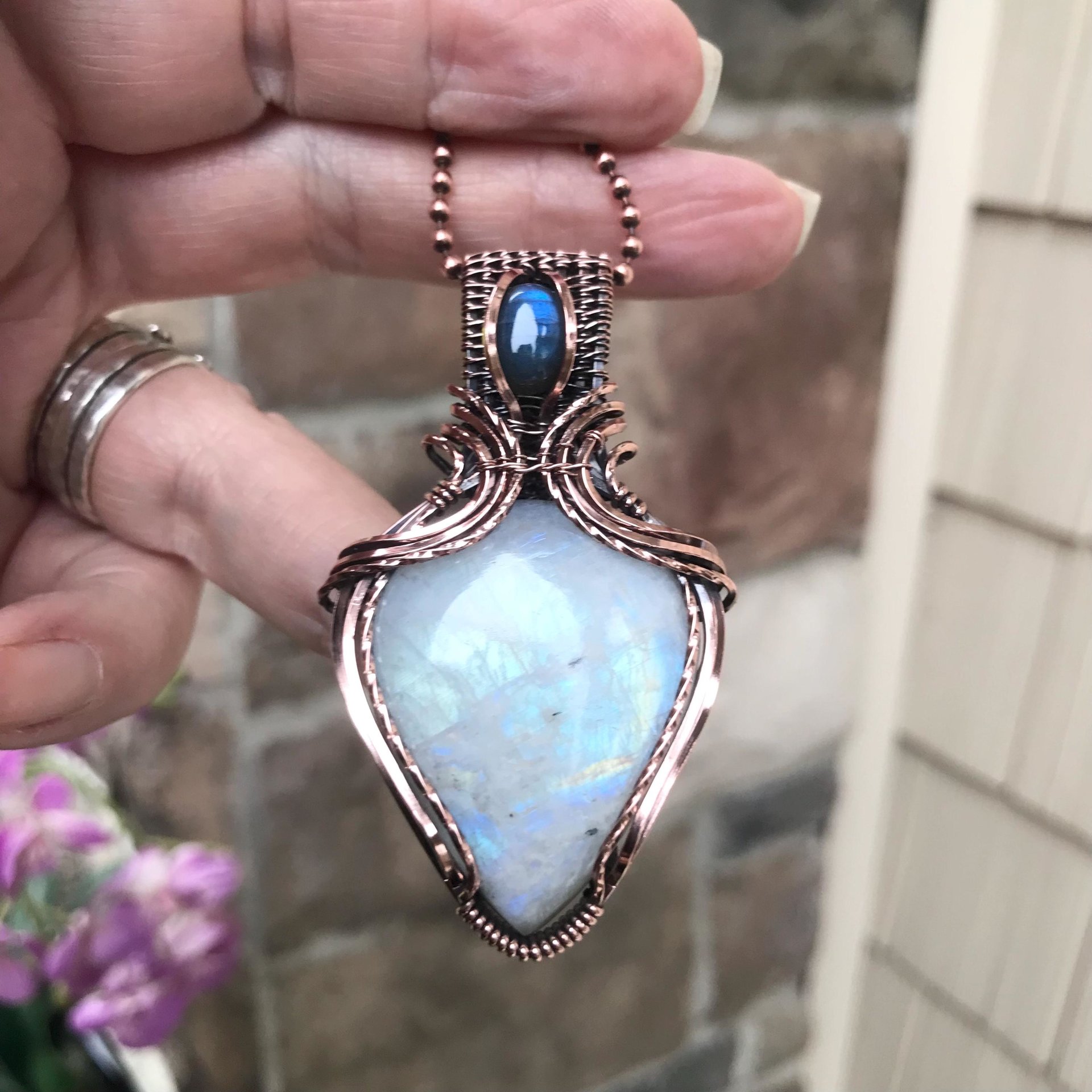 Moonstone & Blue Labradorite Copper Pendant with Weaving
