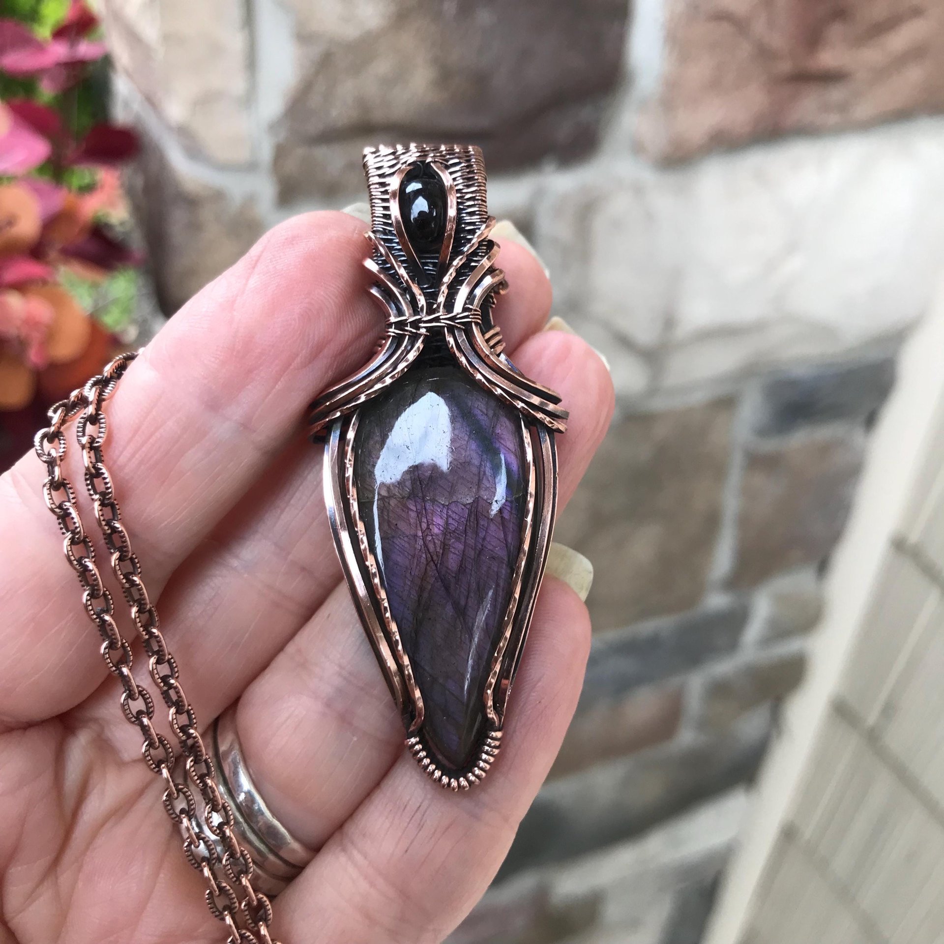 SOLD - Purple Maroon Labradorite & Garnet Copper Pendant with Weaving